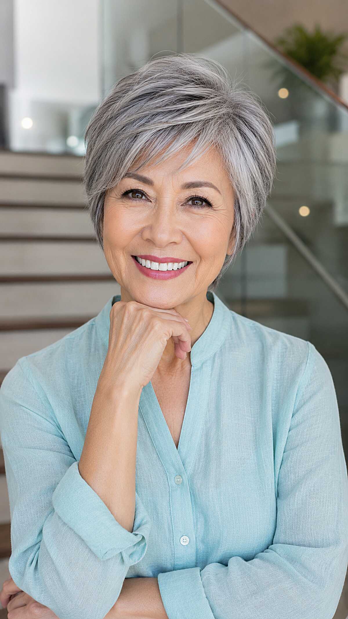 Steel Gray Pixie with Long Swept Top and Tapered Nape