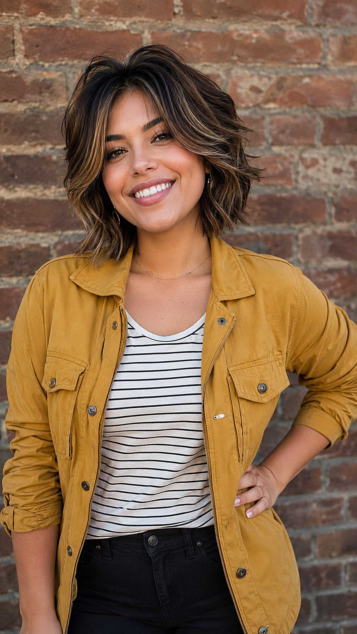 Tousled Brunette Butterfly Bob with Caramel Ribbon Highlights