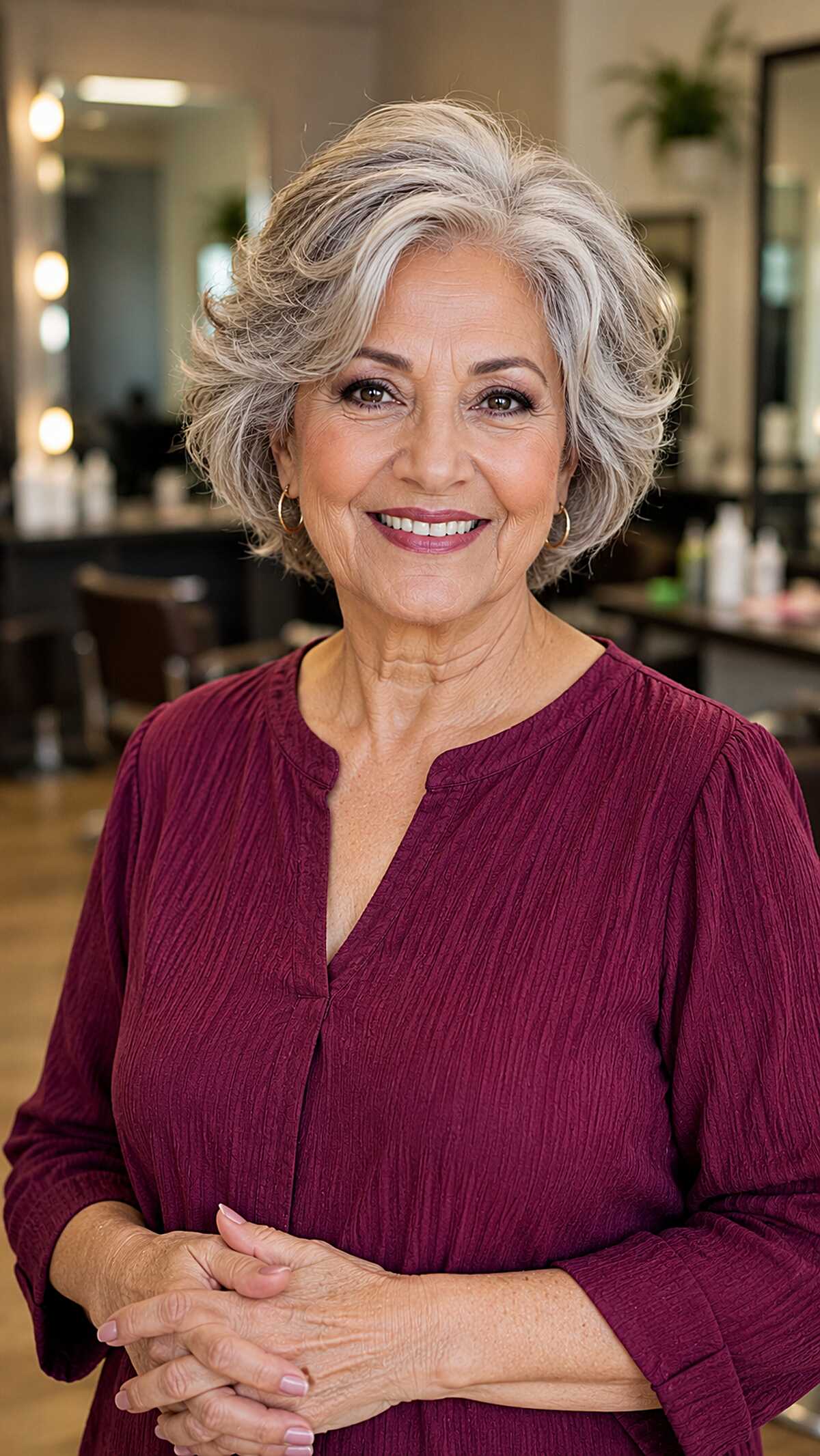 Voluminous Salt-and-Pepper Ear-Length Cut with Swept Layers