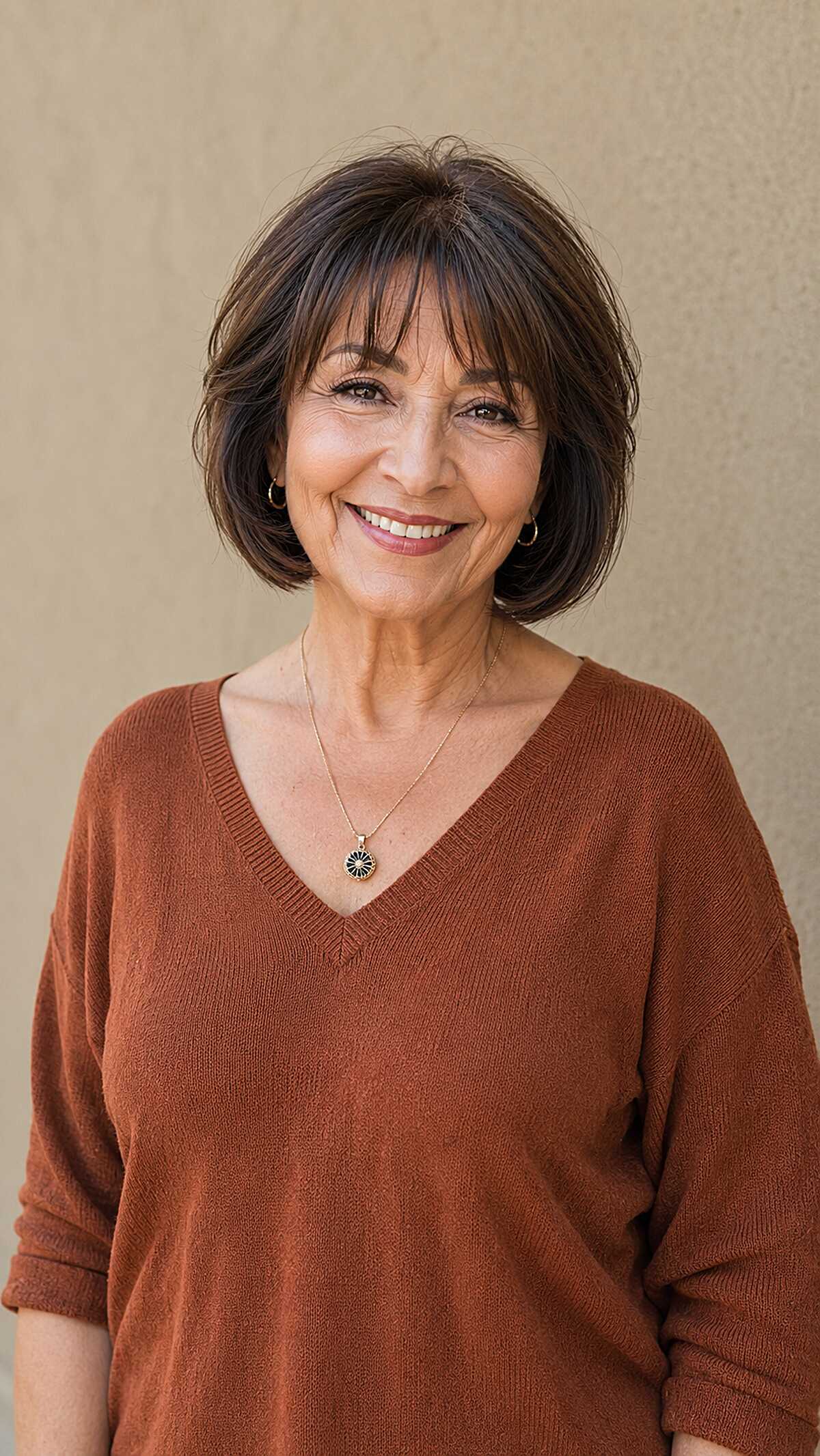 Warm Brunette Chin-Length Bob with Wispy Bangs and Pieced Ends