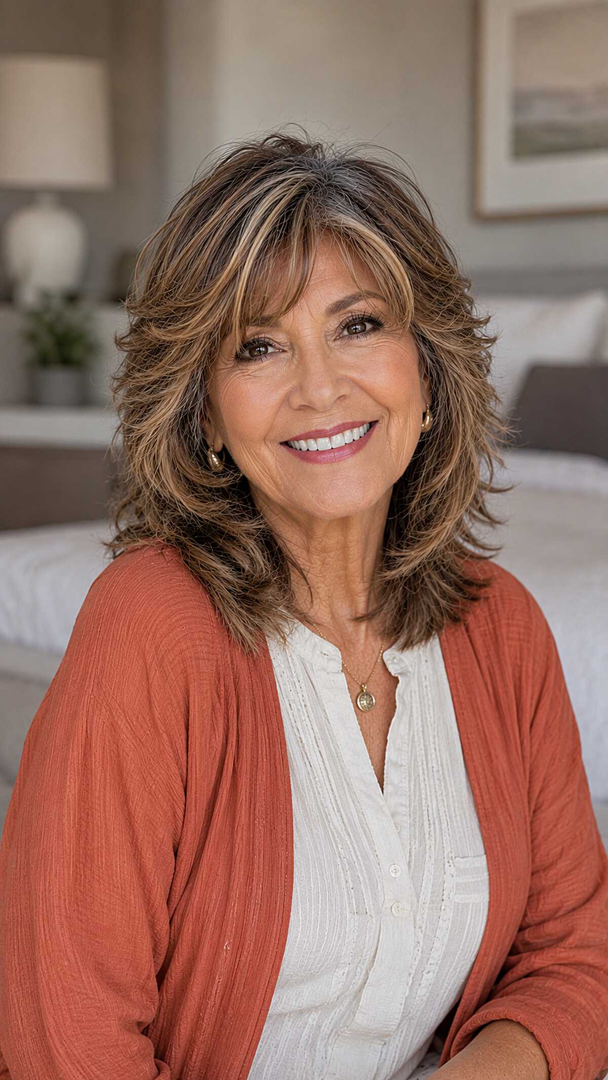 Warm Brunette Shag with Honey Highlights and Feathered Bangs