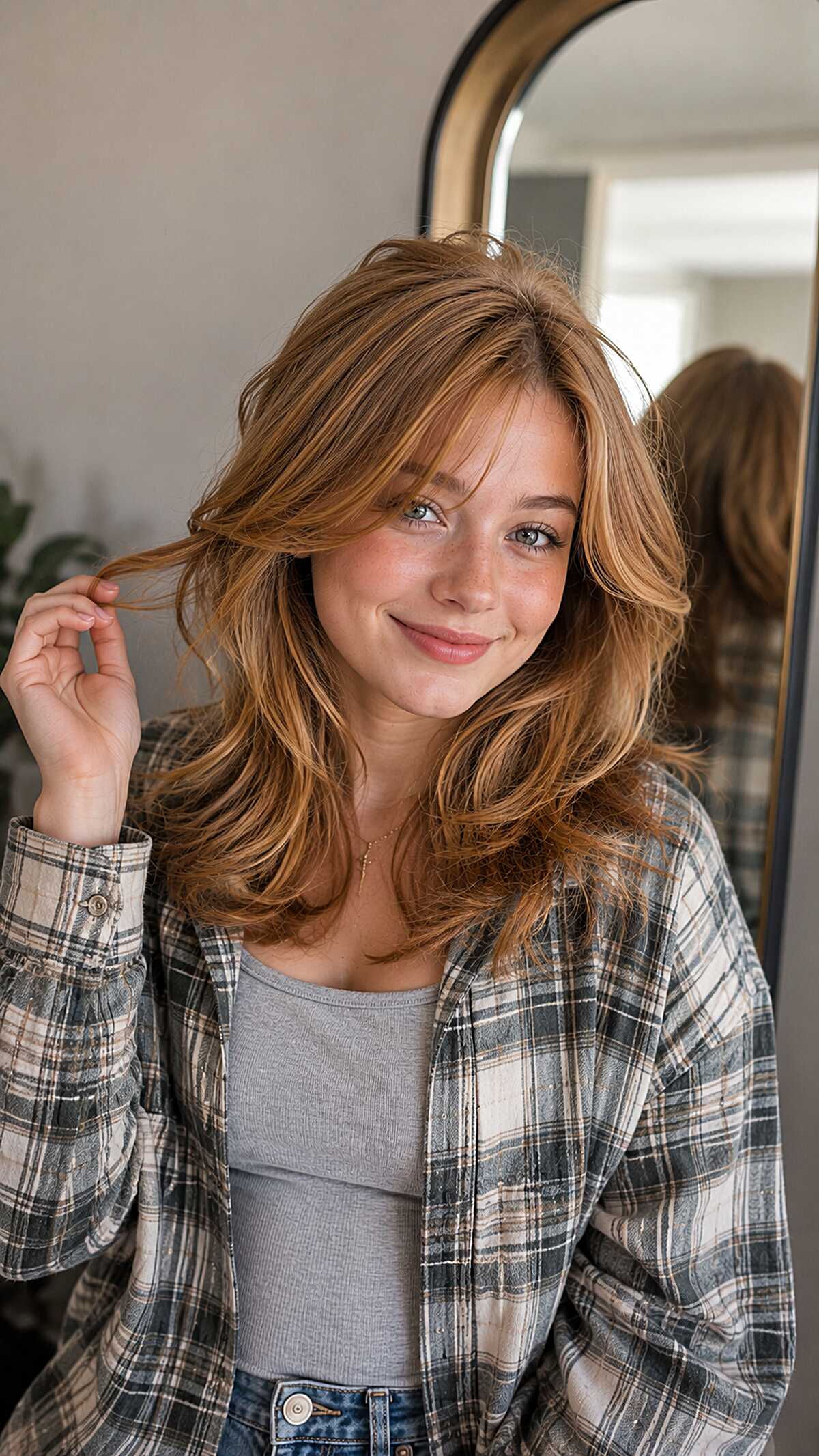 Warm Strawberry Blonde Shag with Feathered Curtain Fringe