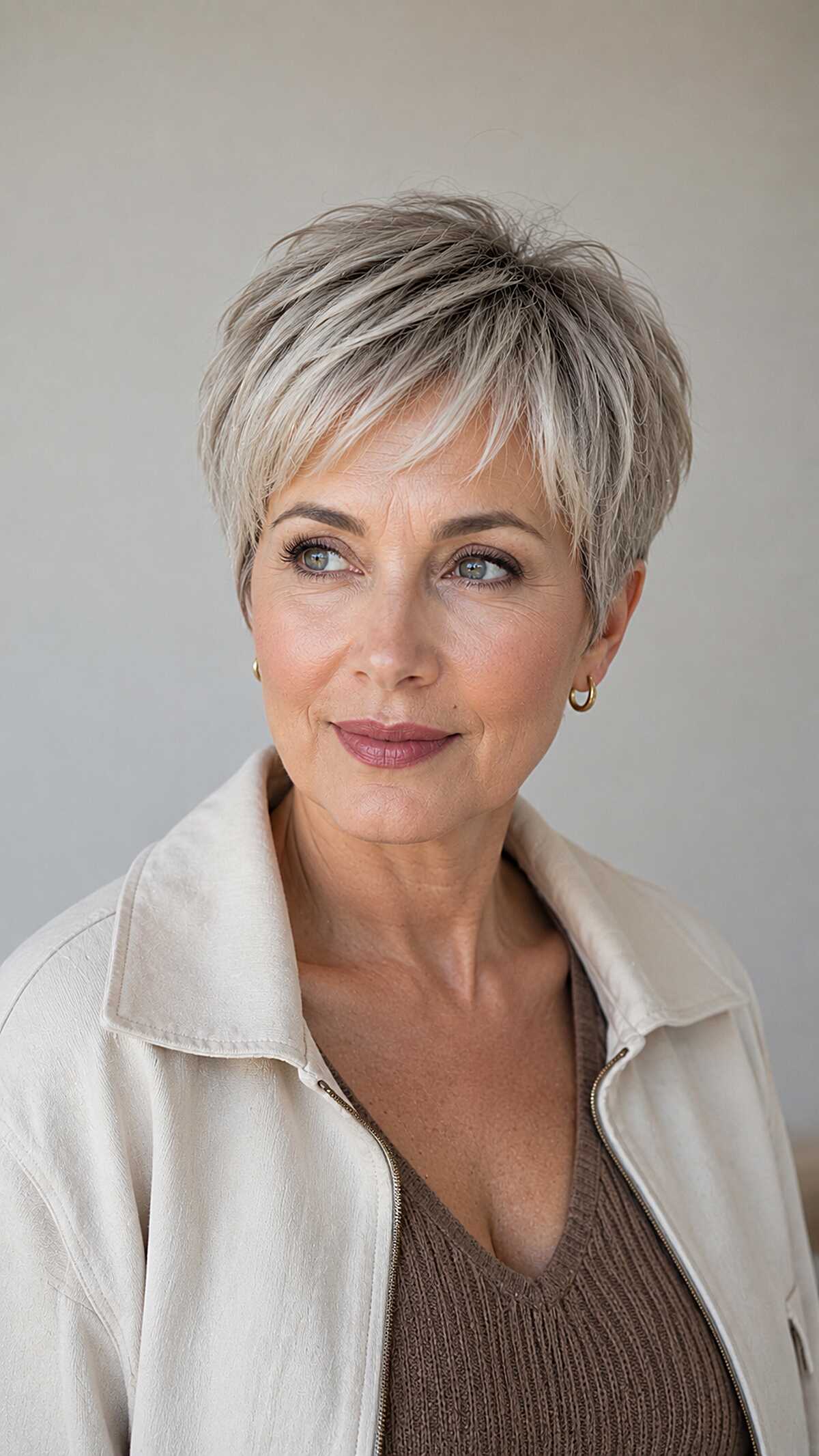 Ash Blonde Pixie with Directional Feathered Bangs