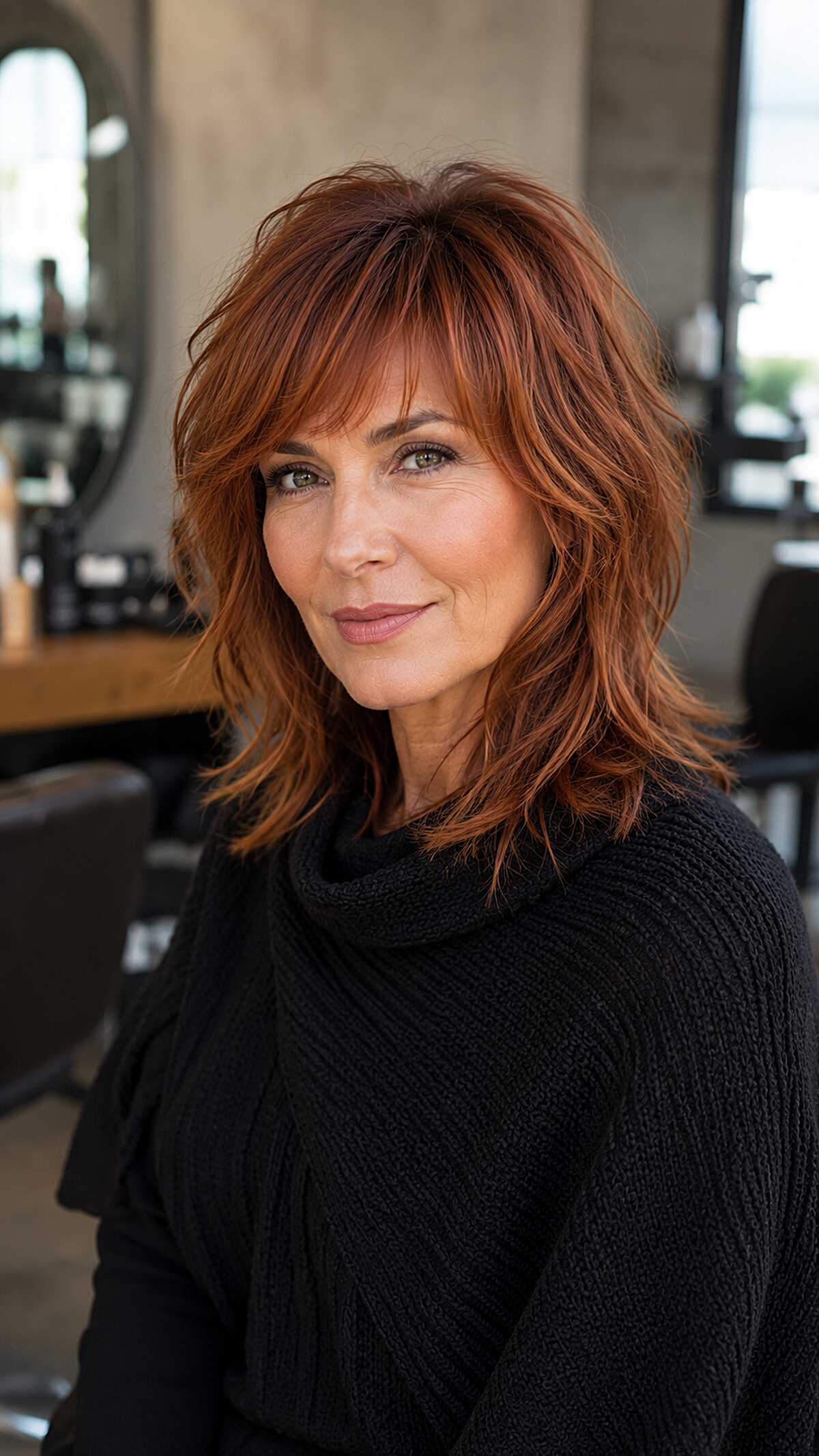 Burnished Copper Shag with Tapered Curtain Bangs