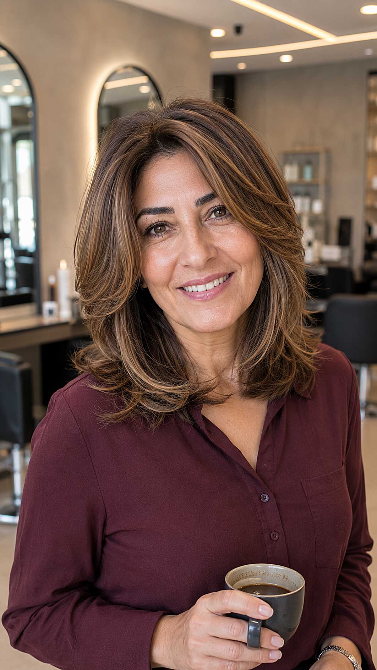 Caramel-Kissed Brunette with Blown-Out Feathered Layers