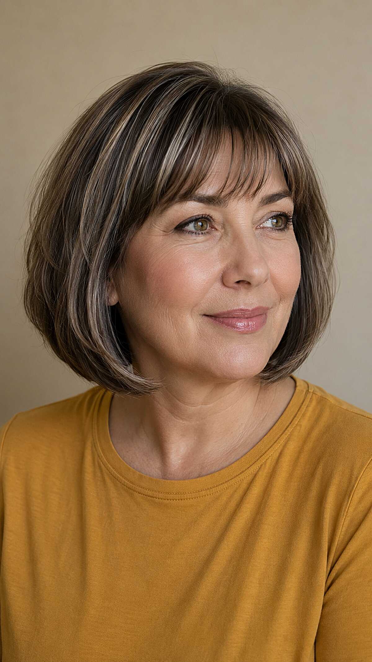 Chin-Length Brunette Bob with Silver-Threaded Bangs
