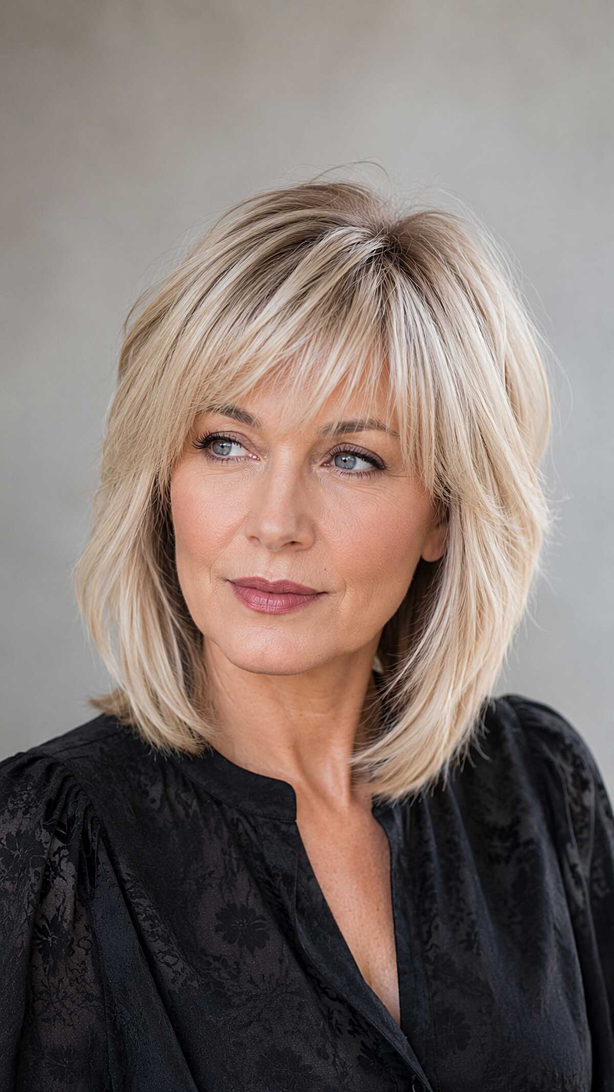Cool Blonde Layered Bob with Sweeping Piece-y Fringe