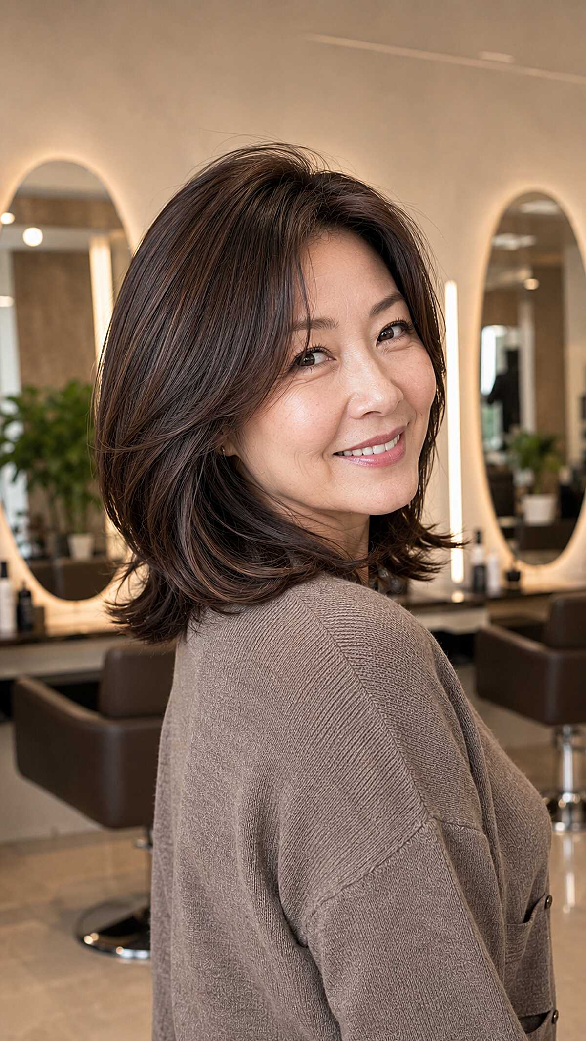 Dark Brunette Layered Cut with Swept-Back Volume
