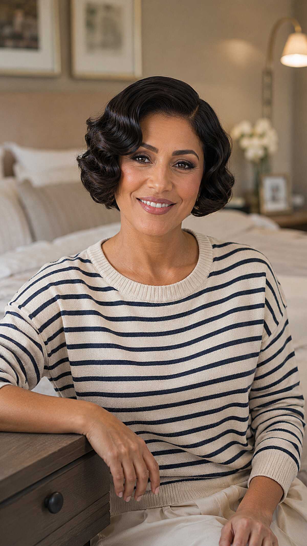 Dark Polished Pin Curl Bob with Deep Side Part