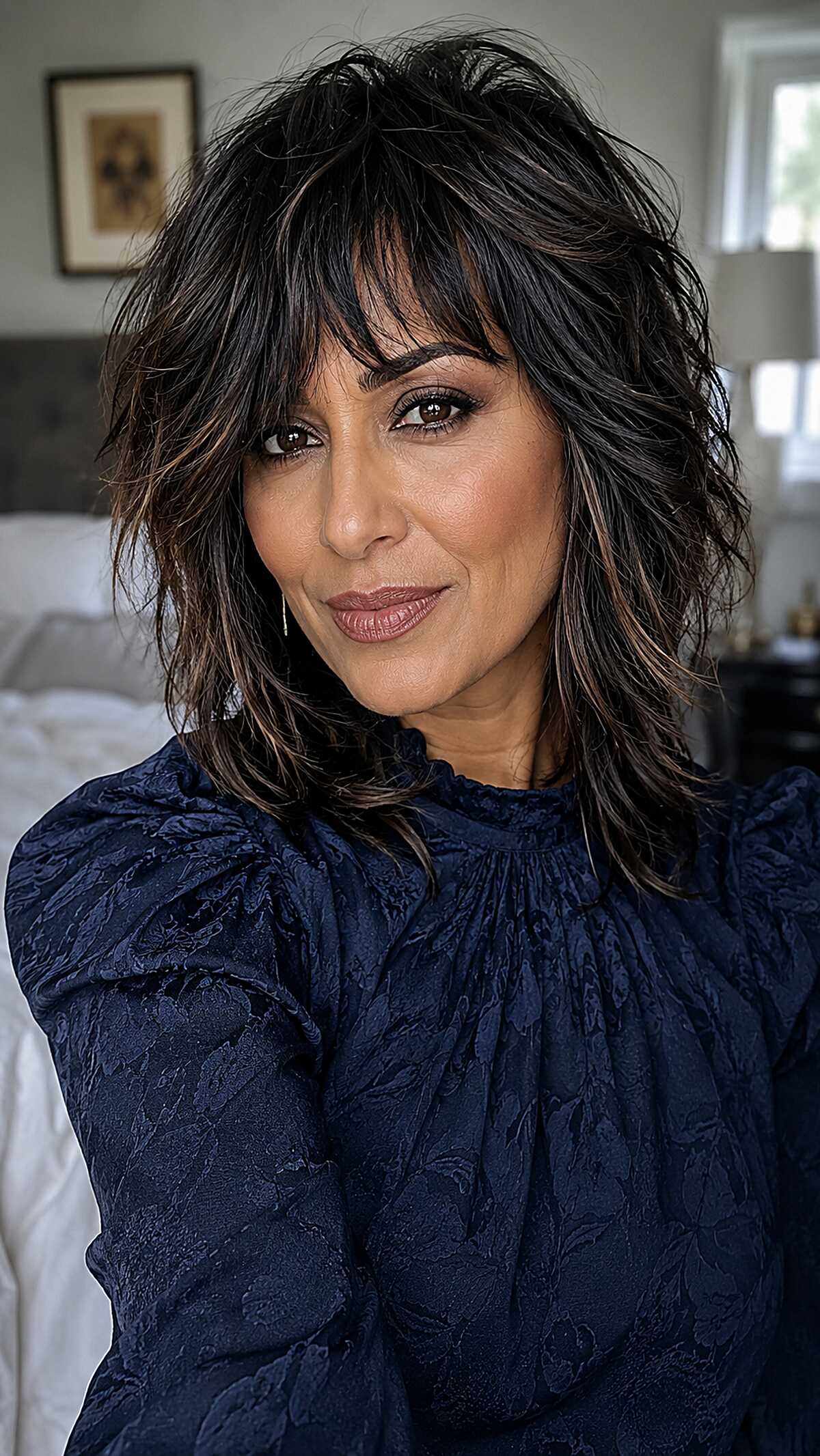 Dark Textured Wolf Cut with Piecey Grown-Out Bangs