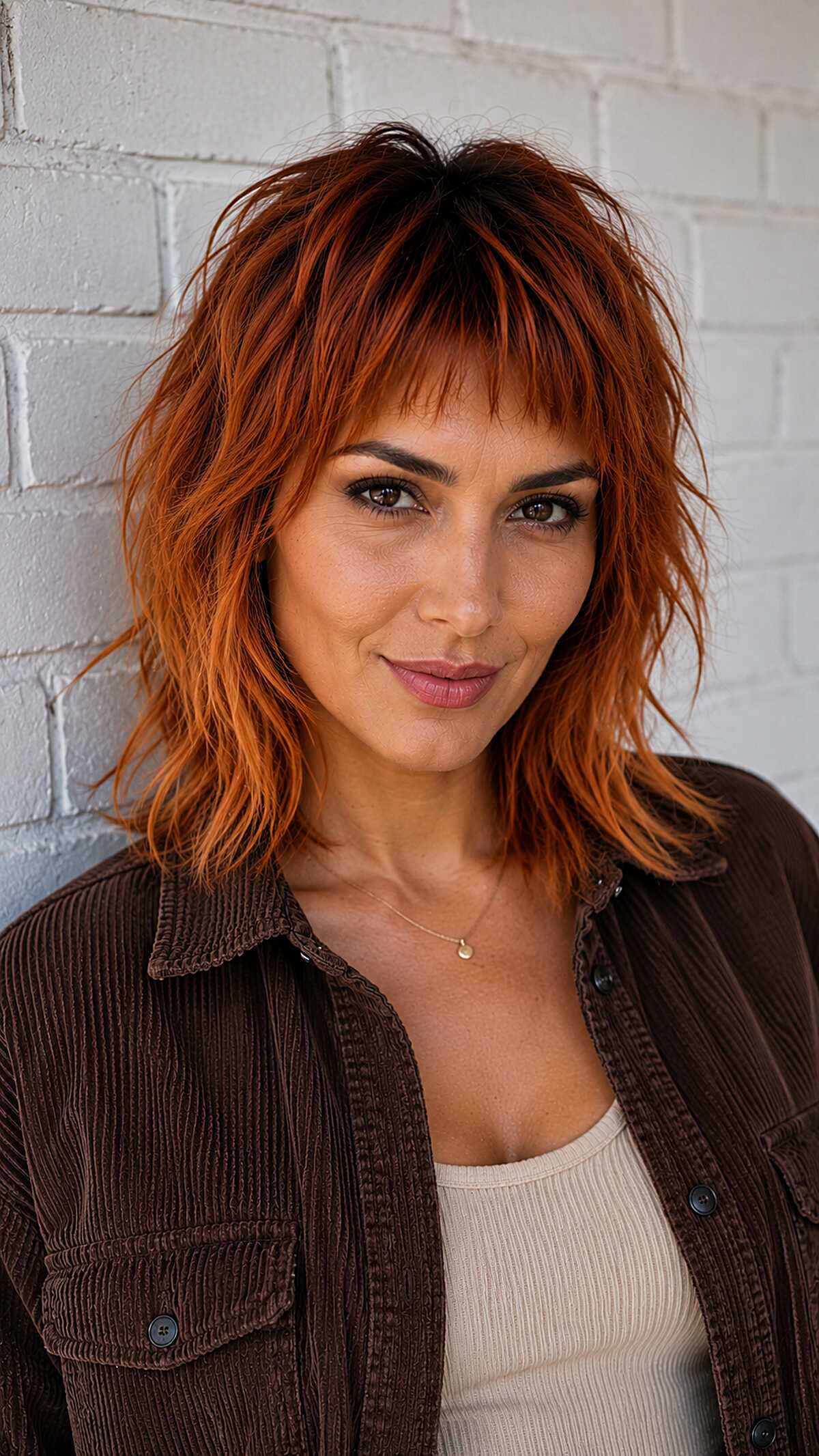 Fiery Copper Shag with Razored Wispy Bangs