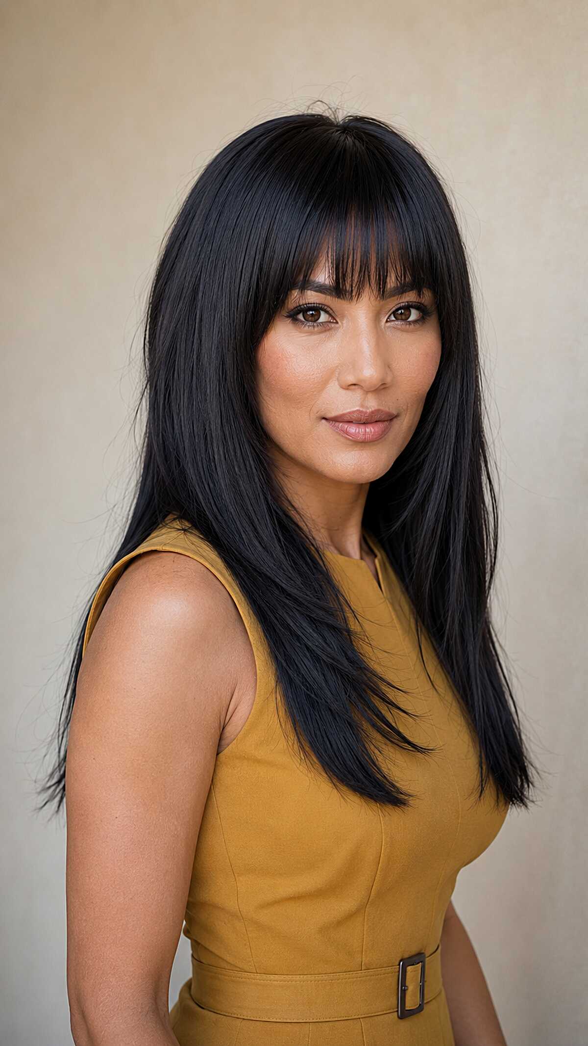 Glossy Black Layers with Arched Full Bangs