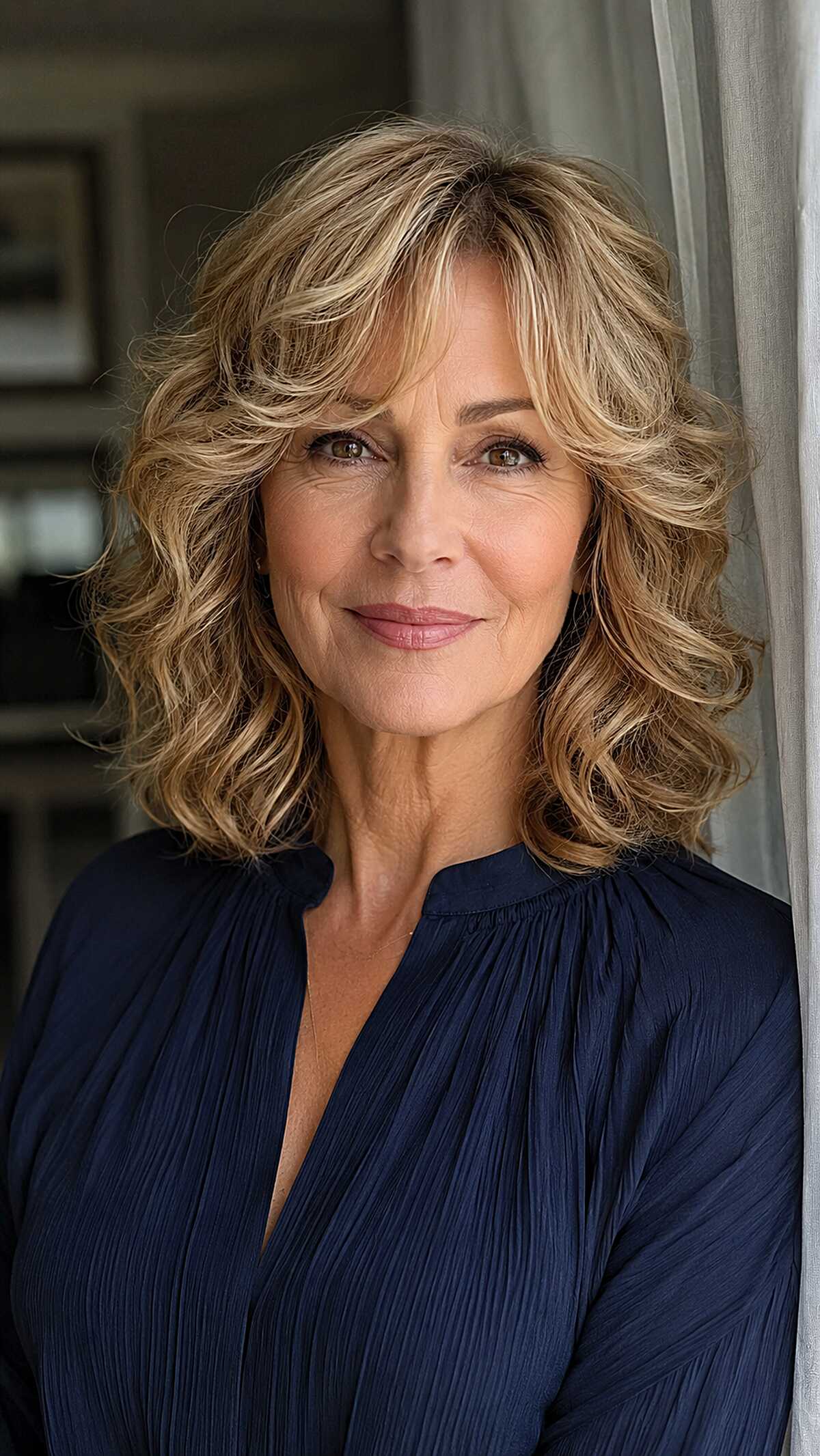 Golden Blonde Shoulder-Length Waves with Layered Fringe