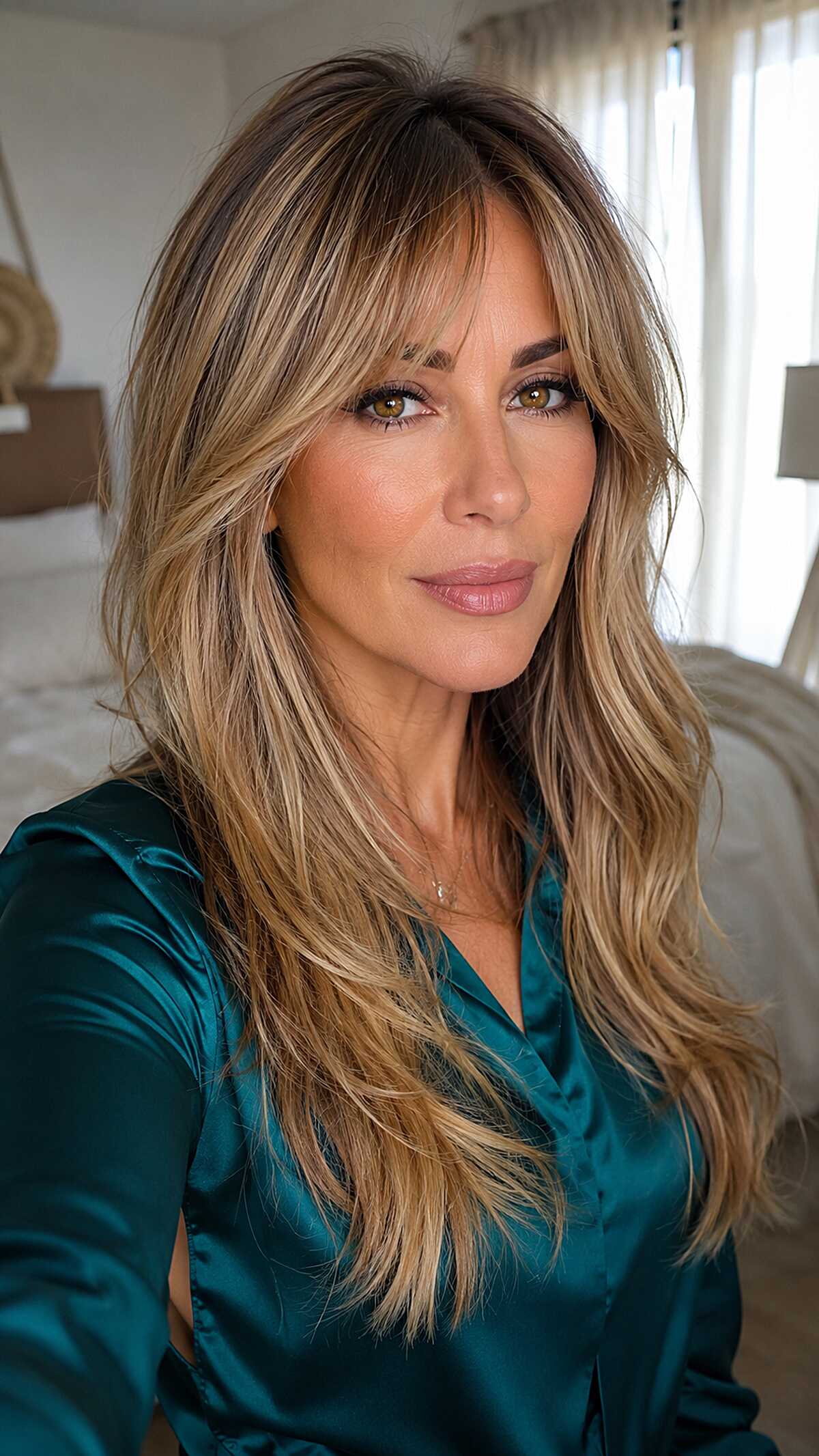 Honey Blonde Layers with Long Swept Bangs