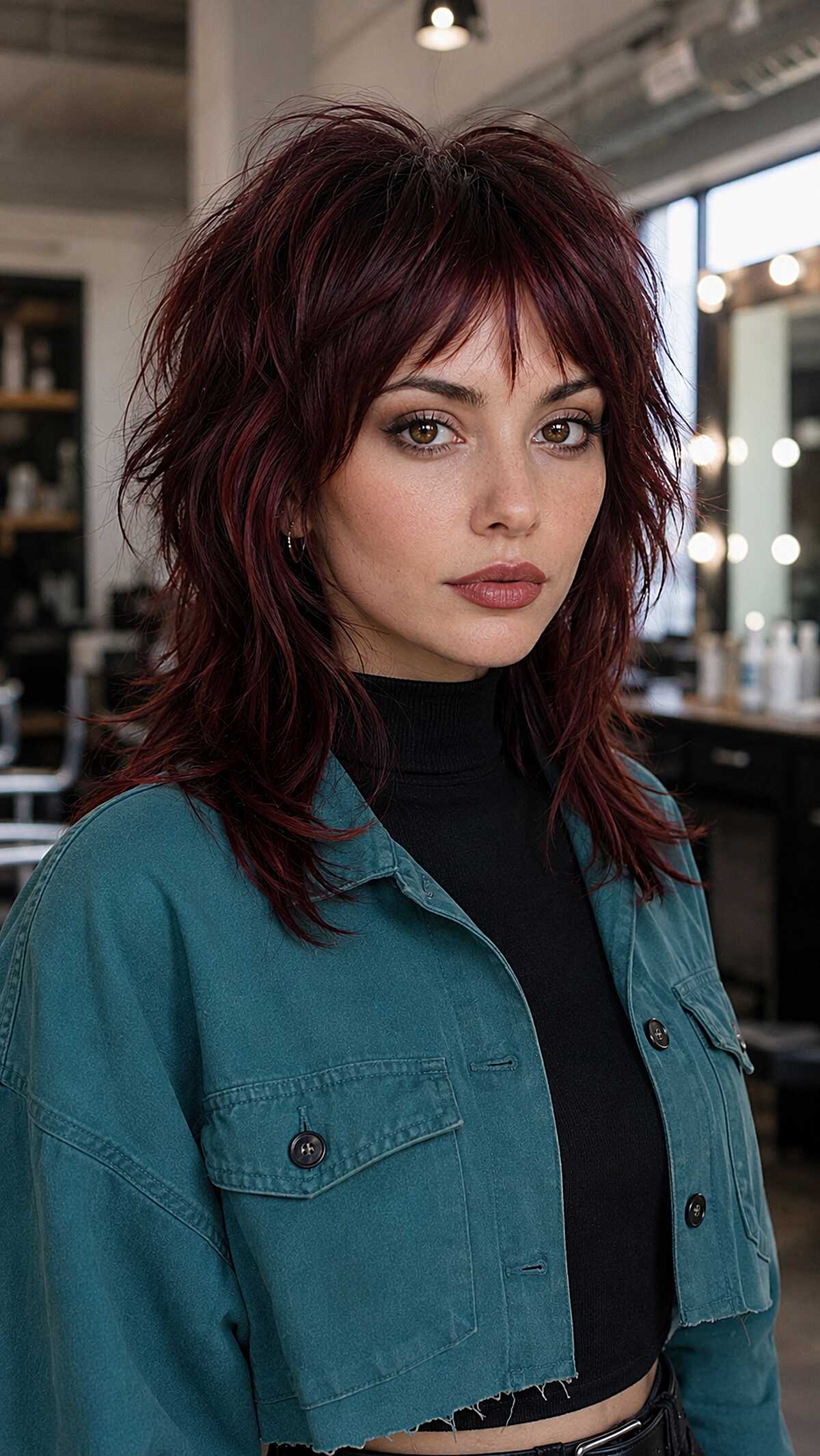 Mullet-Inspired Wine Red Shag with Choppy Bangs