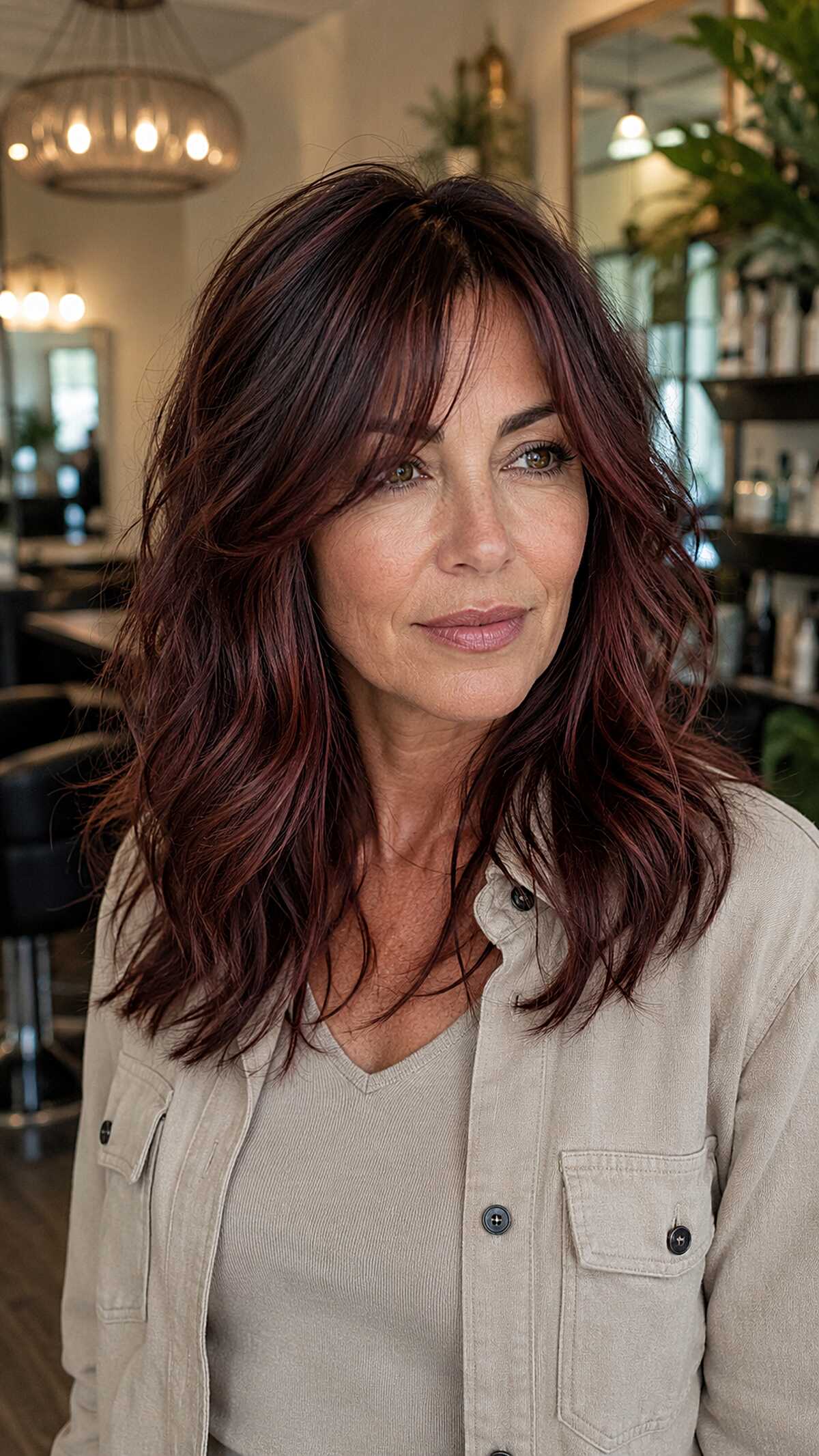 Plum-Red Waves with Textured Curtain Bangs
