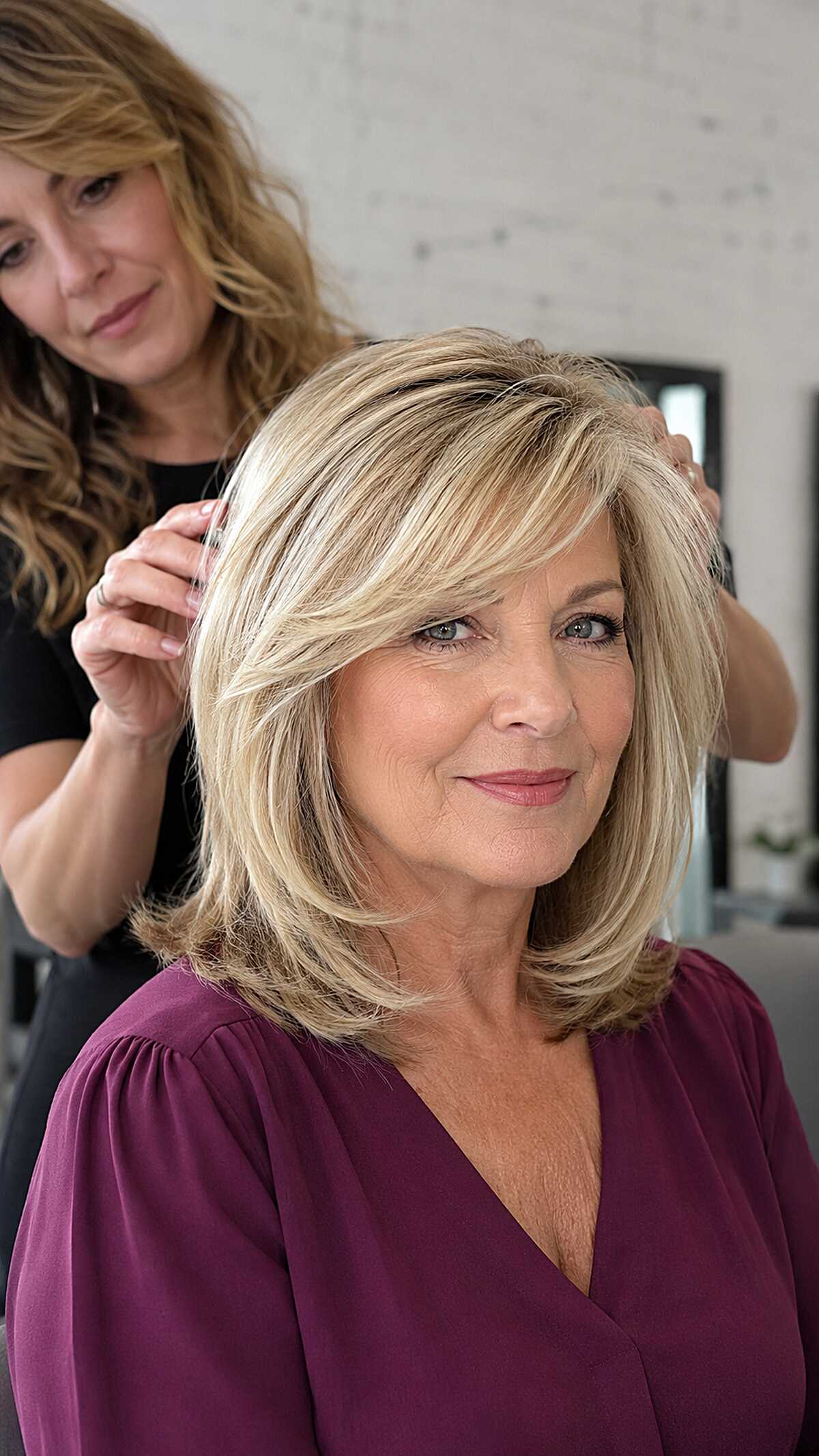 Polished Blonde Lob with Layered Side-Swept Fringe