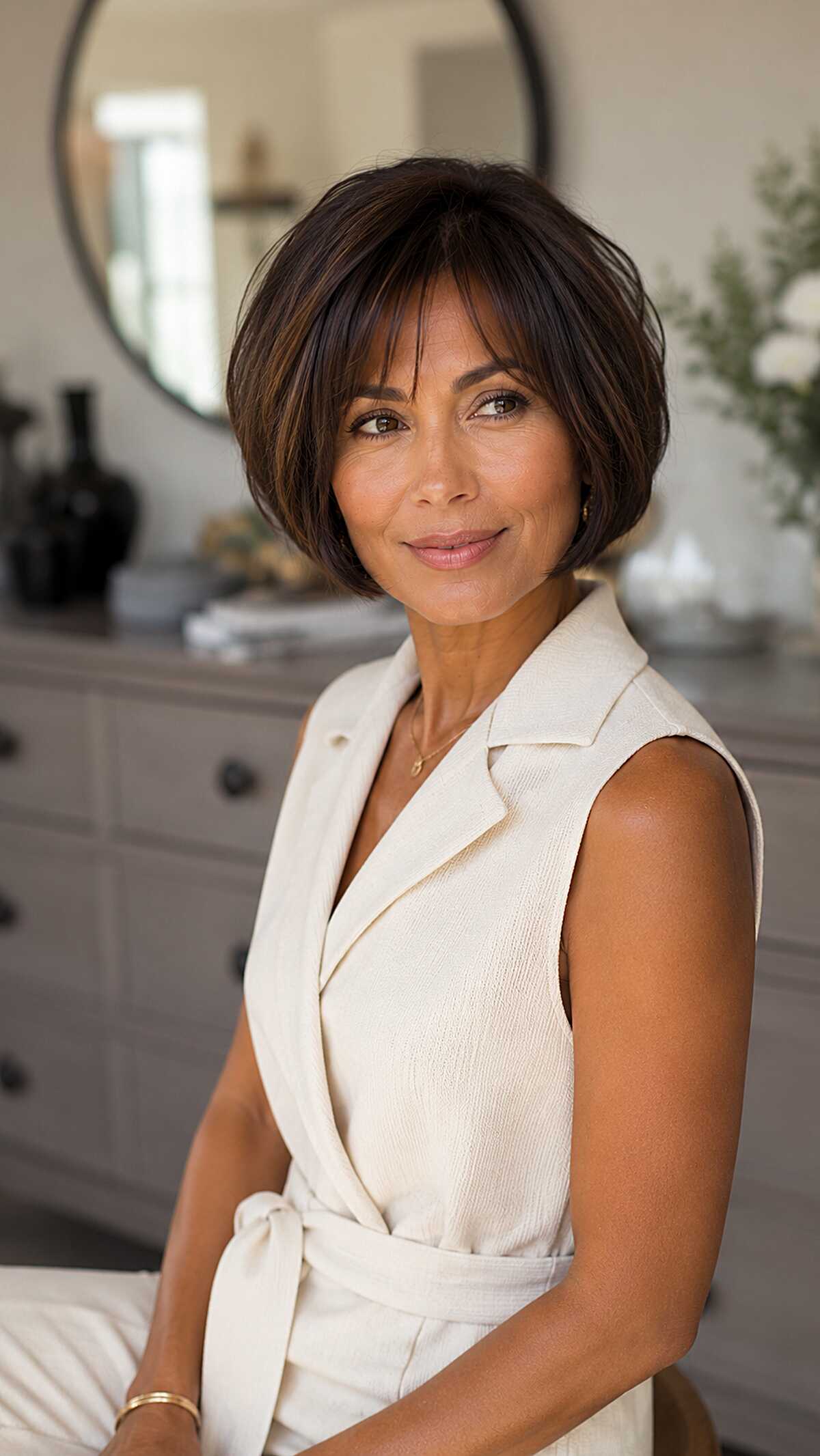 Rounded Dark Chocolate Bob with Thin Curtain Fringe