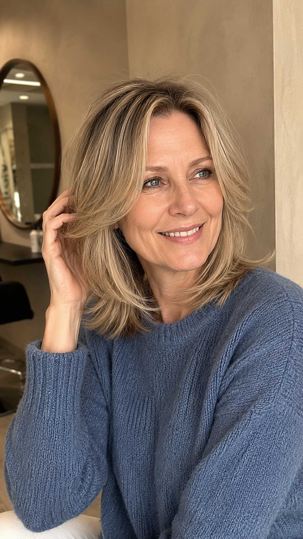 Sandy Blonde Layers with Curtain-Swept Fringe