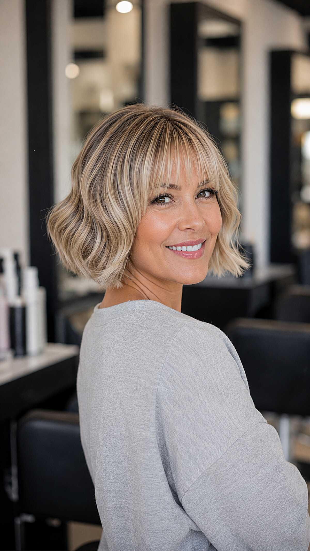 Sandy Blonde Waved Bob with Thin Wispy Bangs