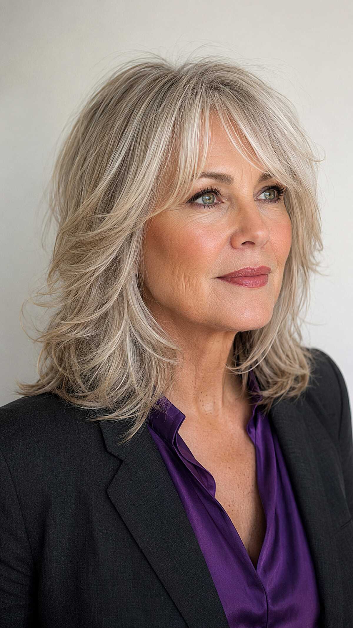 Silver-Blonde Layered Shag with Wispy Parted Bangs