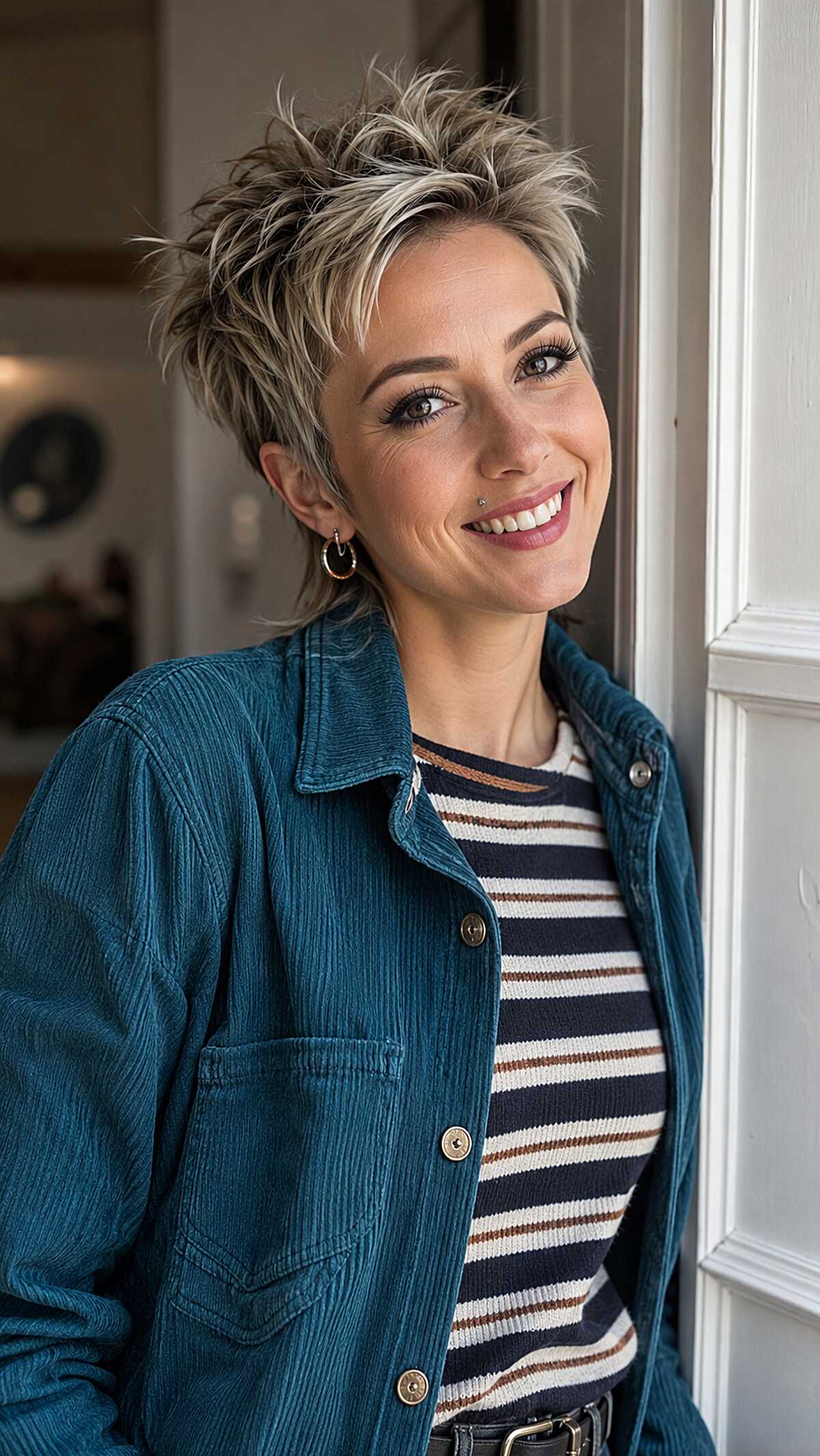 Spiked Ash Blonde Pixie with Dark Root Shadow