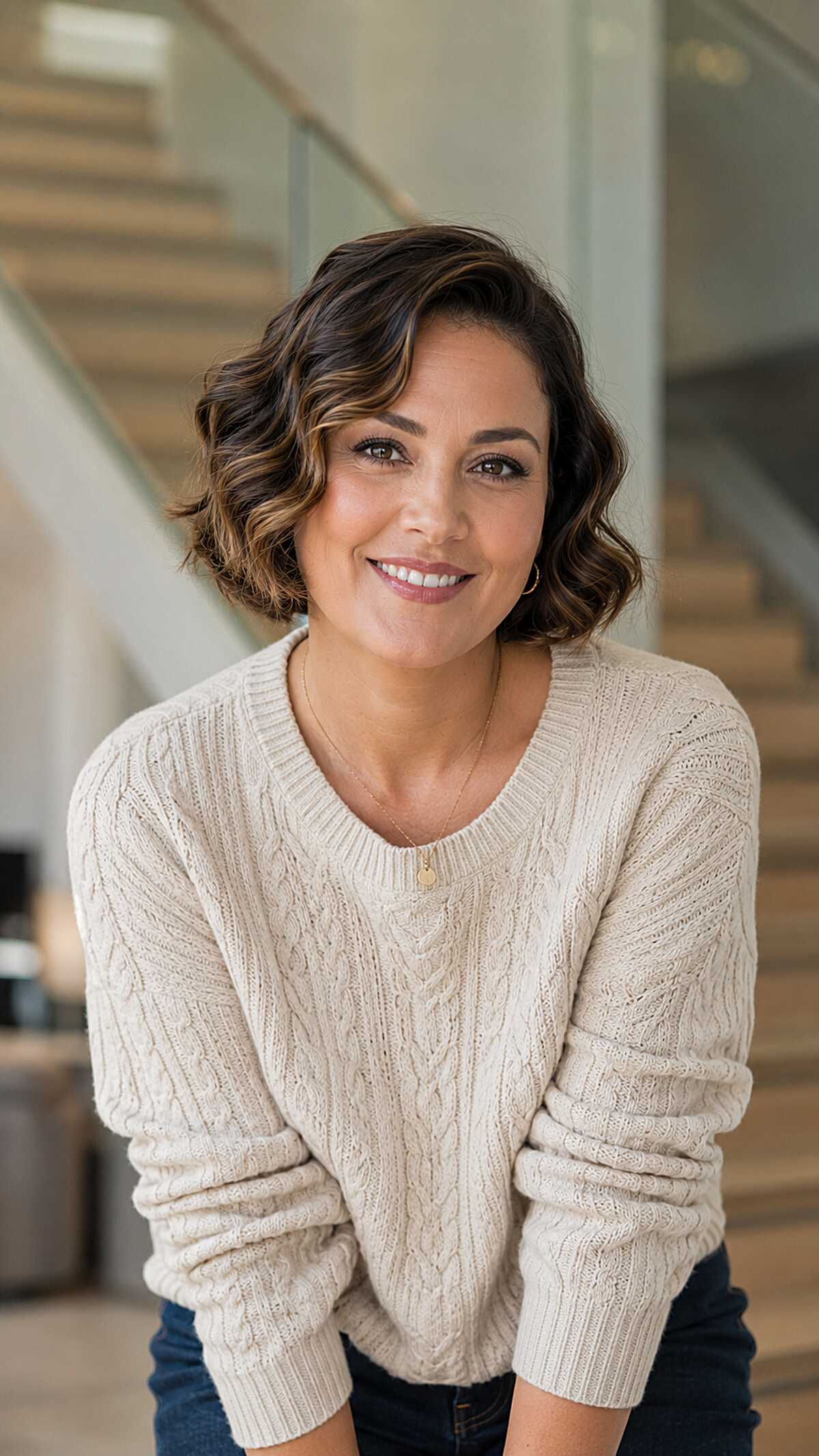Tousled Brunette Bob with Warm Caramel Ends