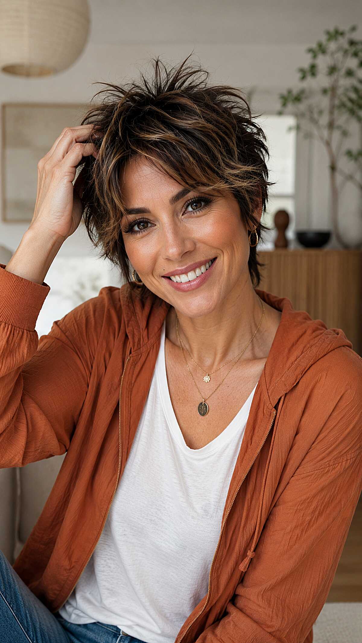 Tousled Brunette Pixie Shag with Caramel Pieces