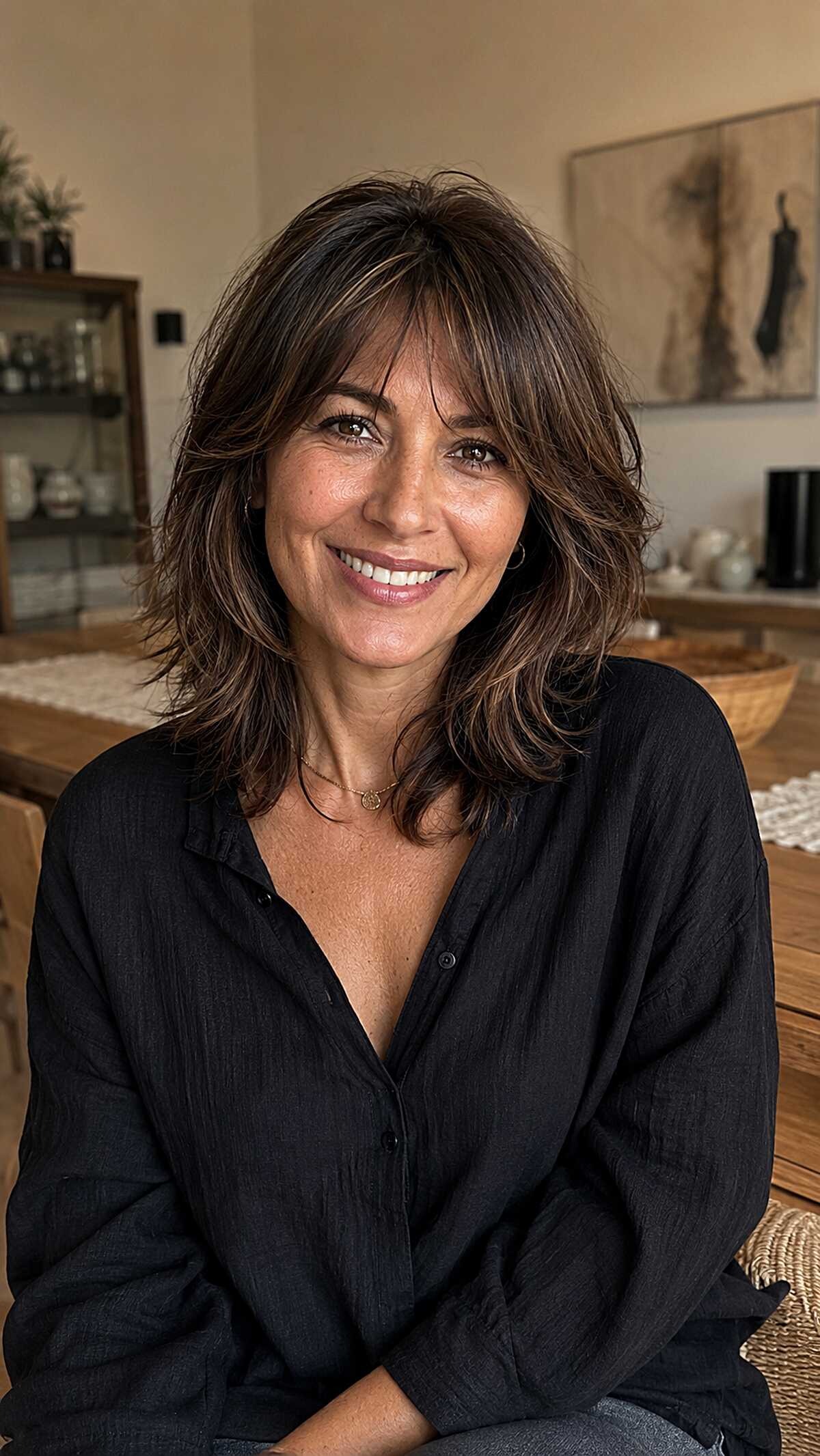 Tousled Brunette Shag with Wispy Bangs and Razor-Cut Movement