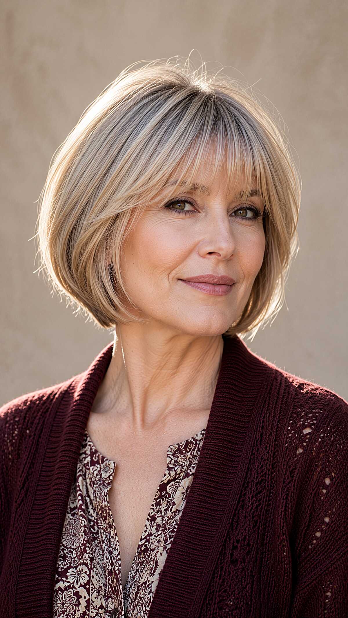 Warm Blonde Chin-Length Bob with Tapered Wispy Bangs