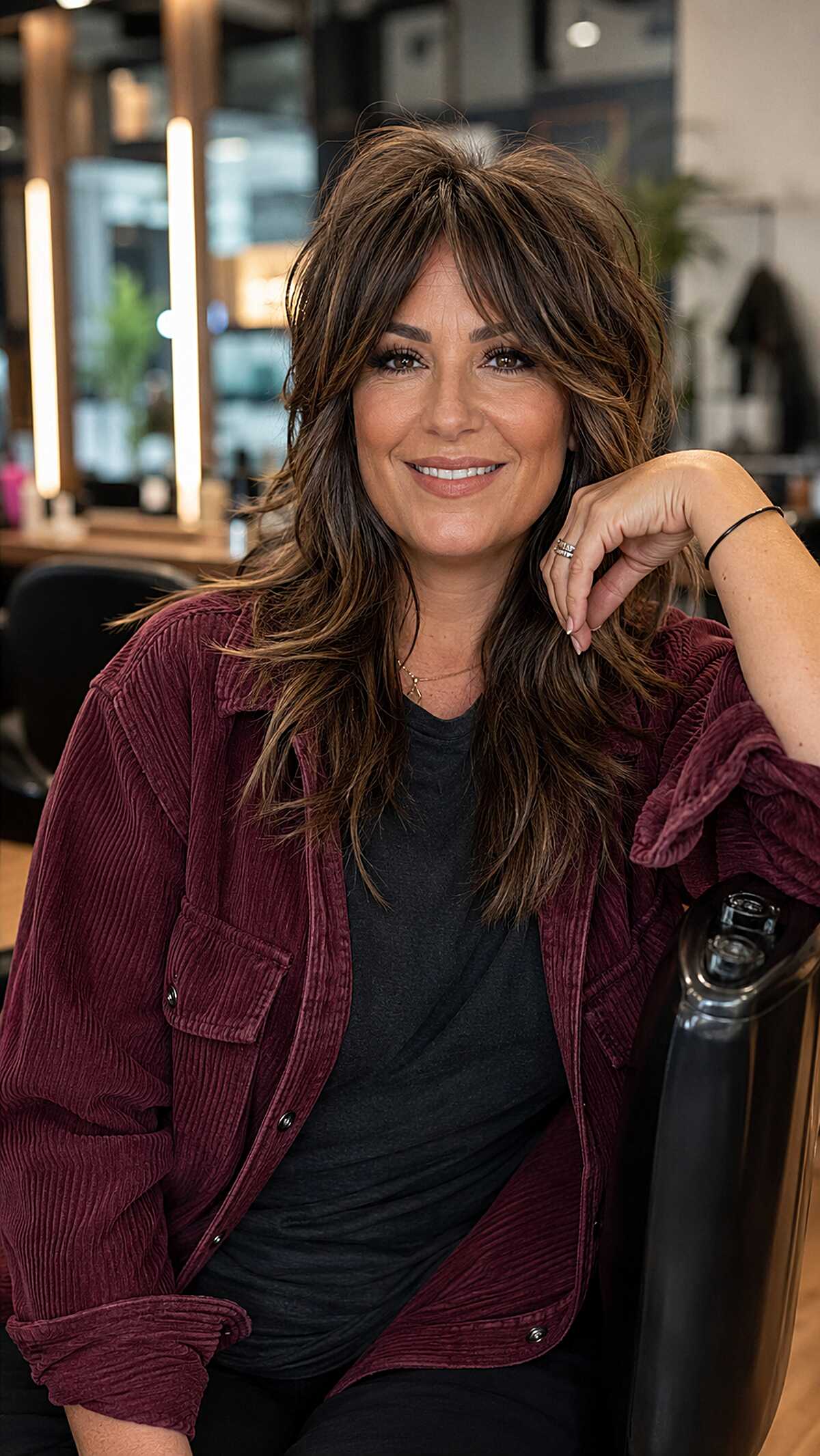 Warm Brunette Long Shag with Heavy Curtain Fringe