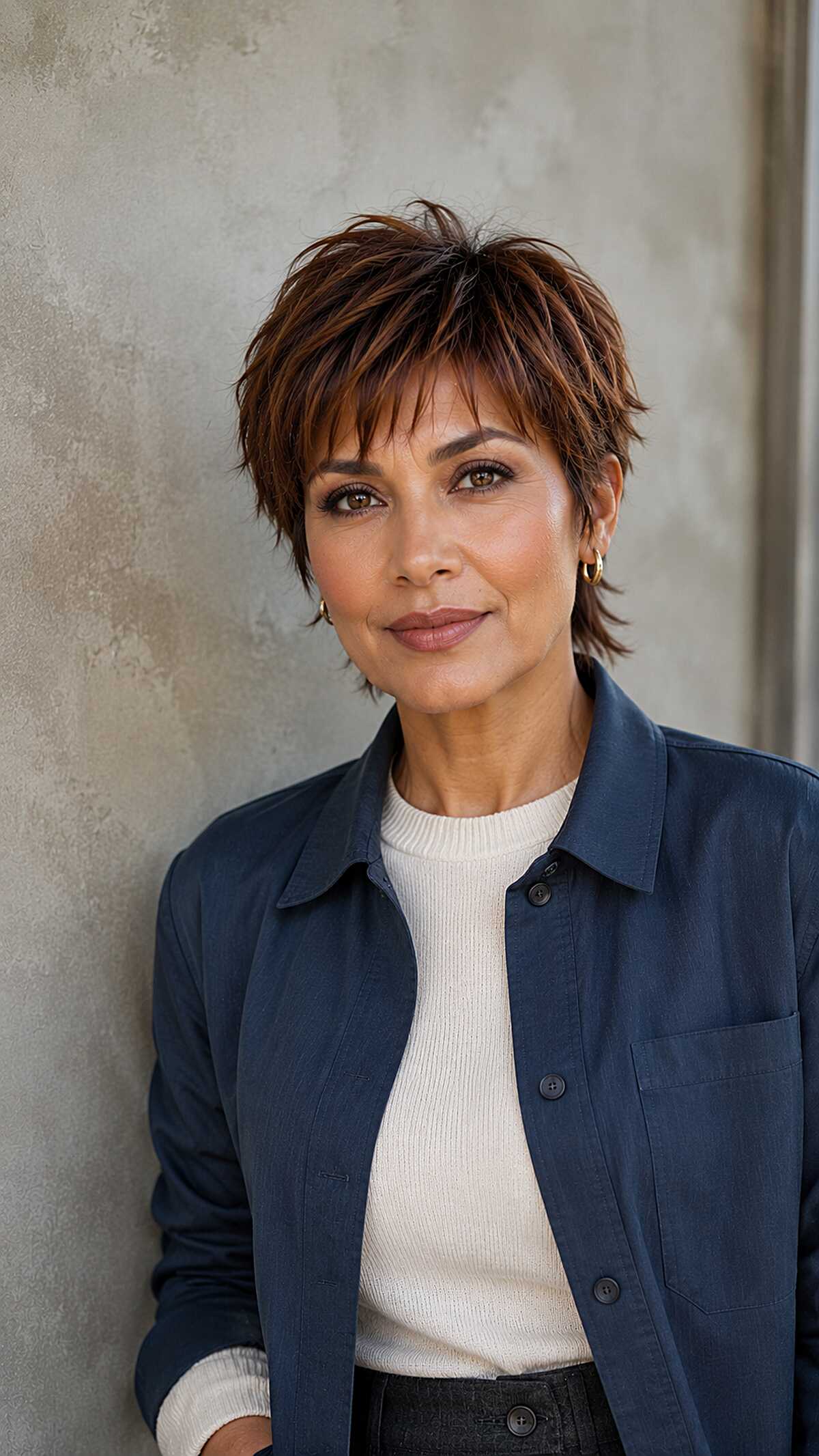 Warm Chestnut Pixie Shag with Jagged Piecey Bangs