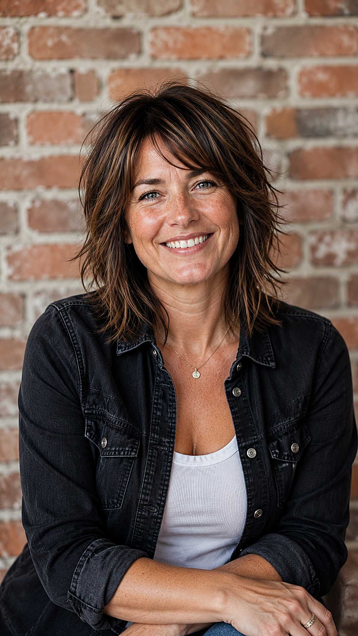 Choppy Brunette Shag with Piecey Curtain Bangs