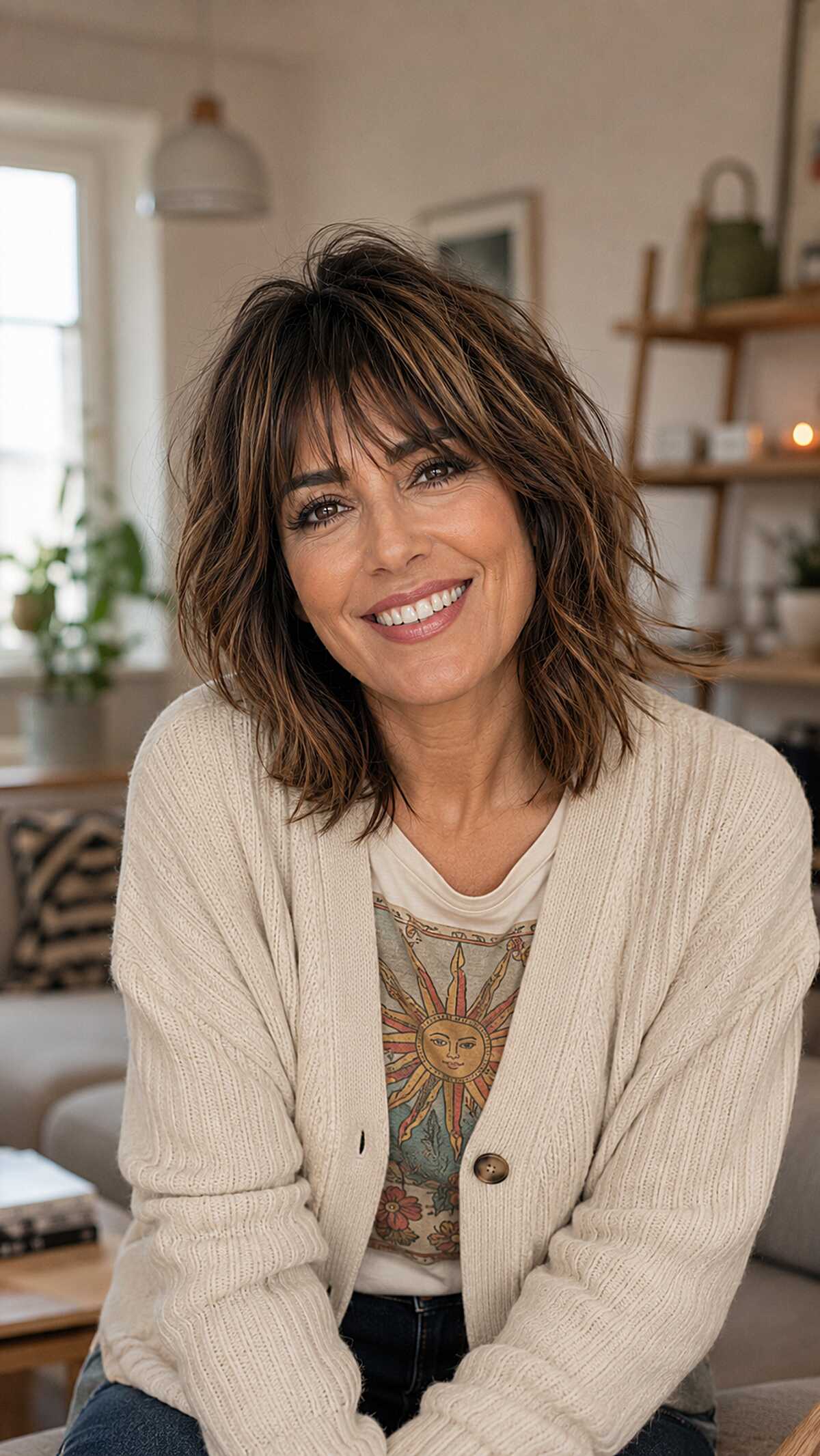 Choppy Chin-Length Shag with Razored Fringe and Warm Highlights