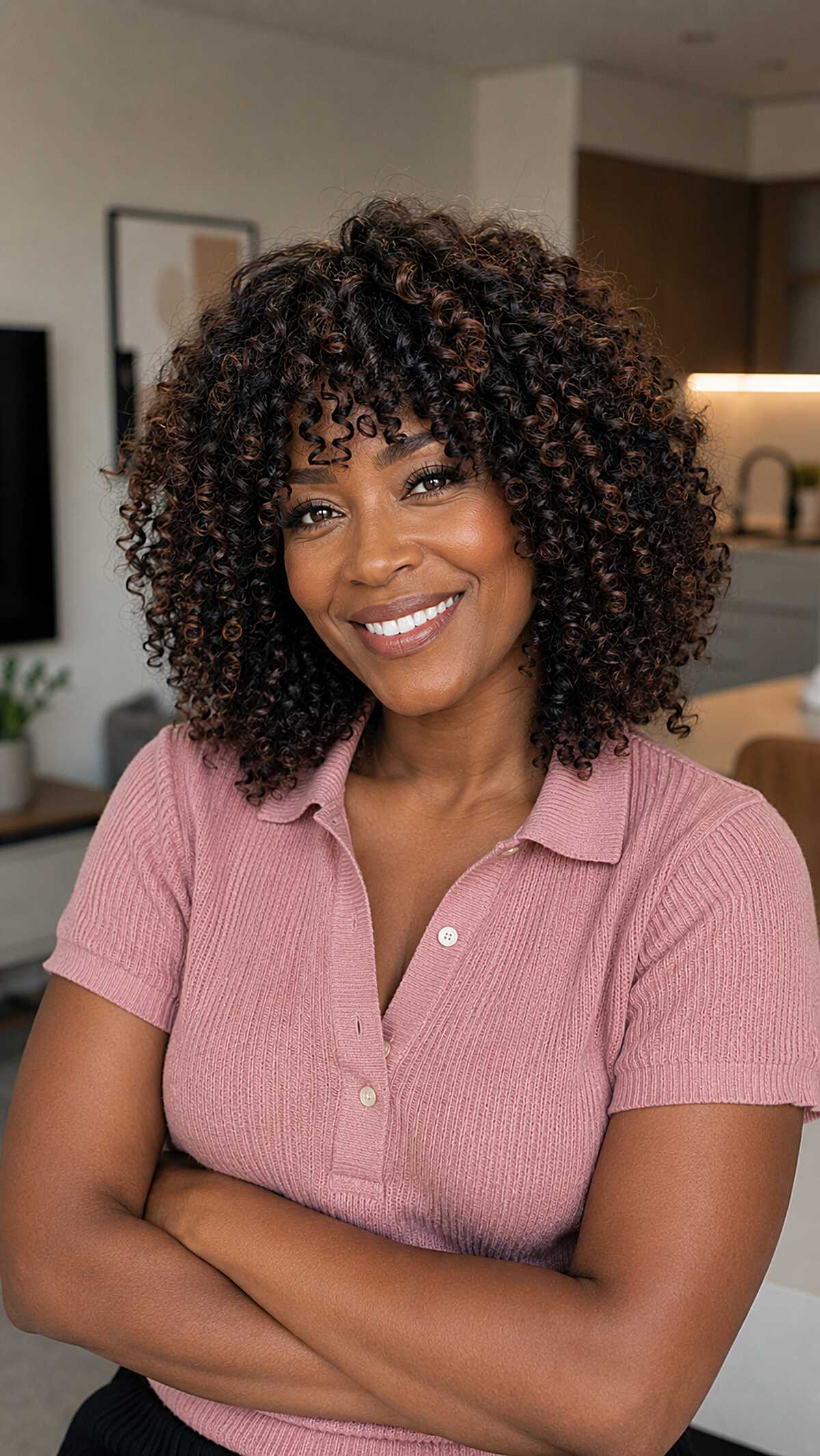 Coily Shoulder-Length Shag with Warm Copper Highlights