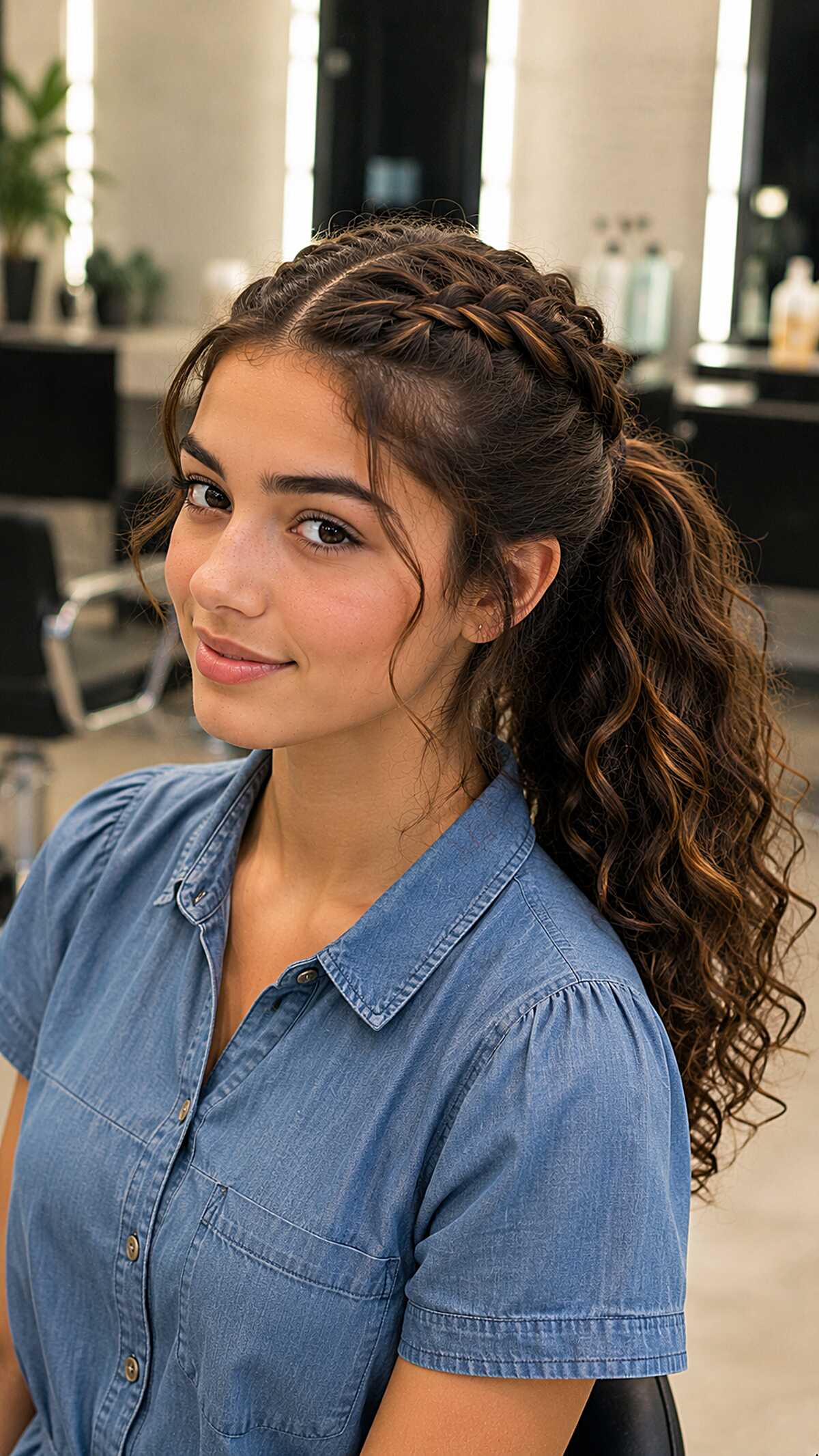 Crown Braid Into a Low Curly Ponytail
