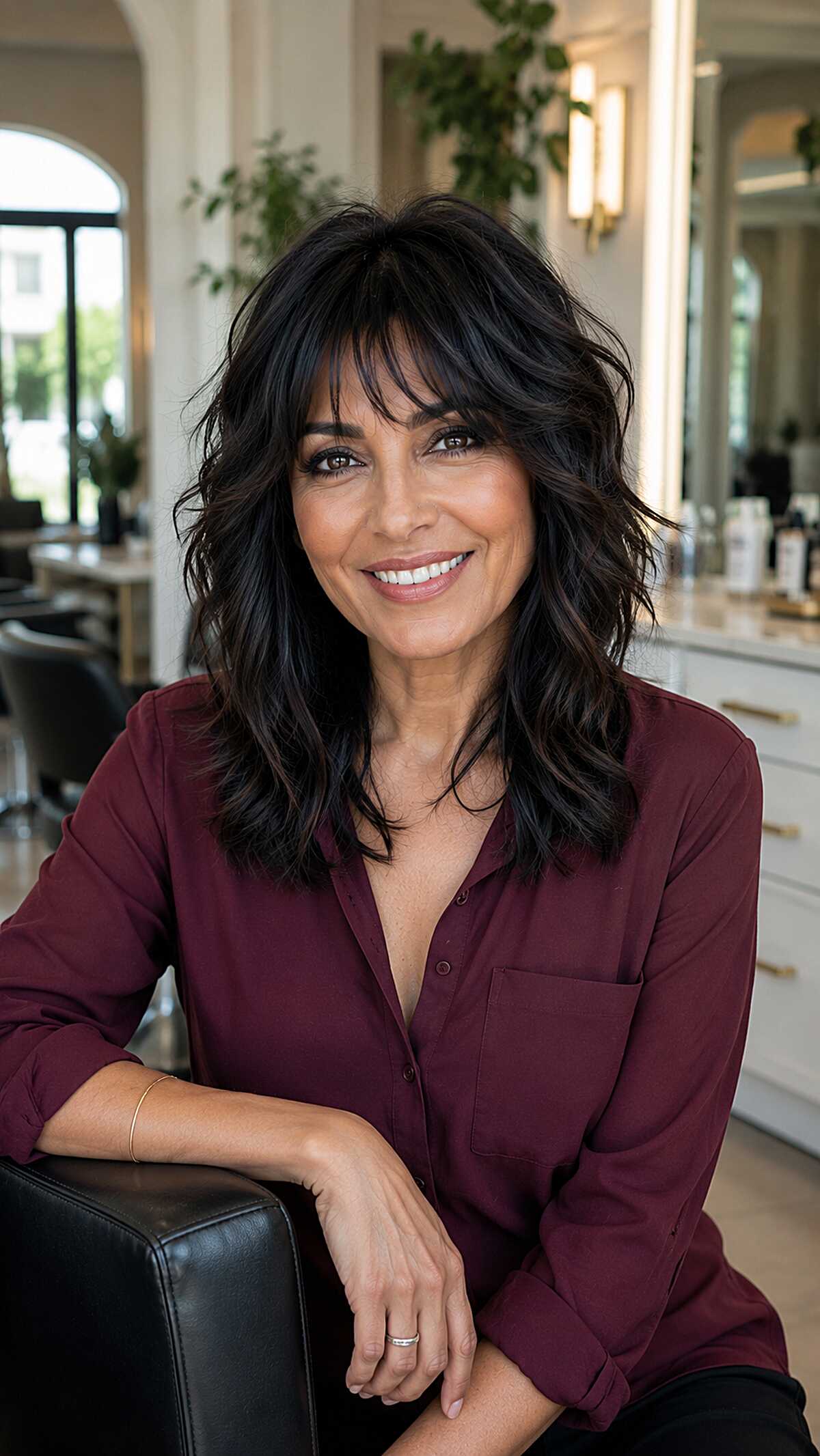 Dark Shoulder-Length Shag with Jagged Bangs and Interior Movement