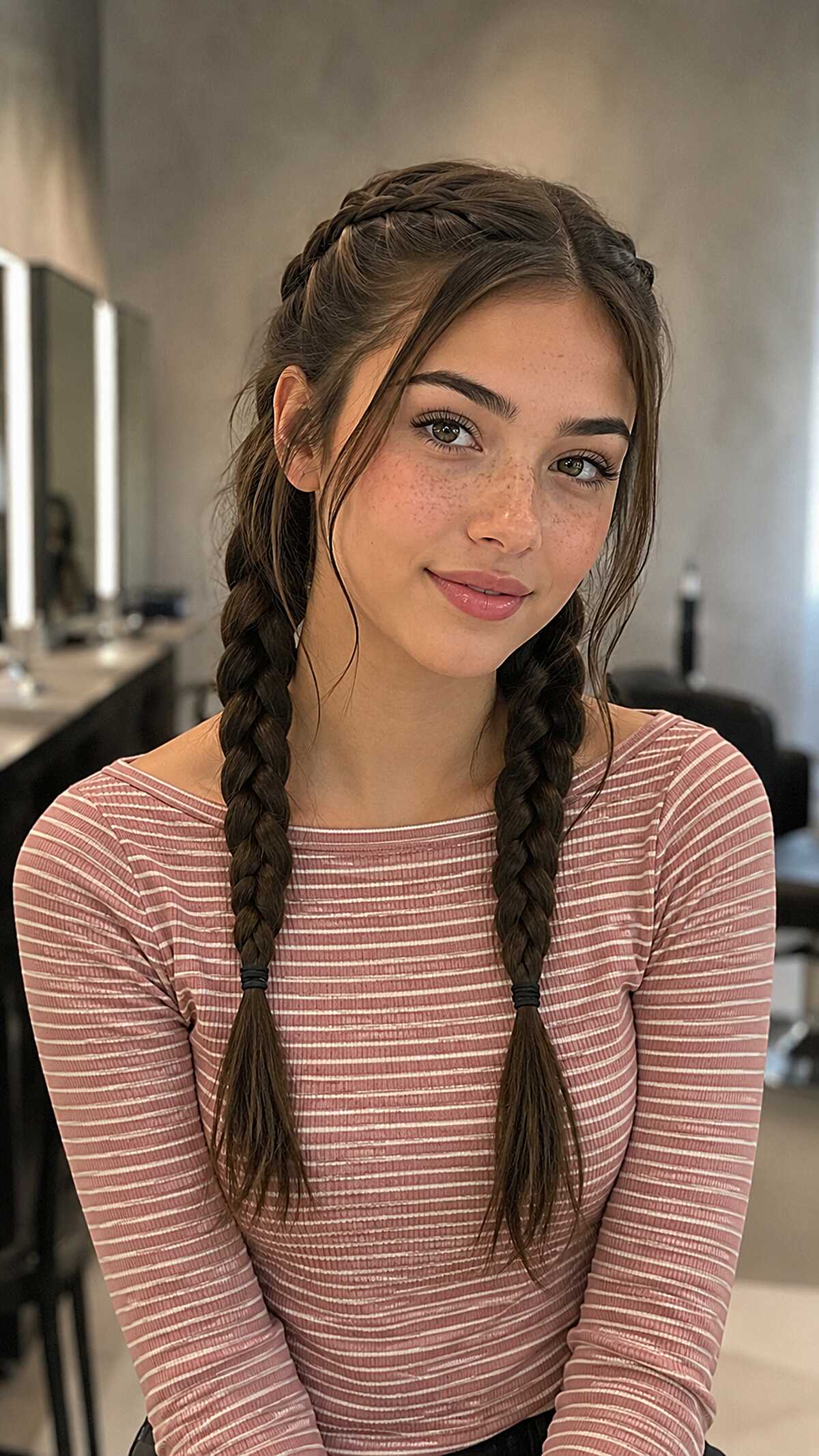 Dutch Braided Pigtails with Soft Pulled Tendrils on Long Dark Hair