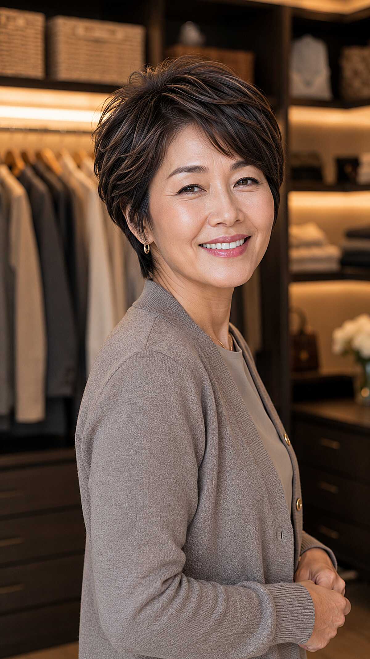 Feathered Dark Brunette Pixie with Textured Crown
