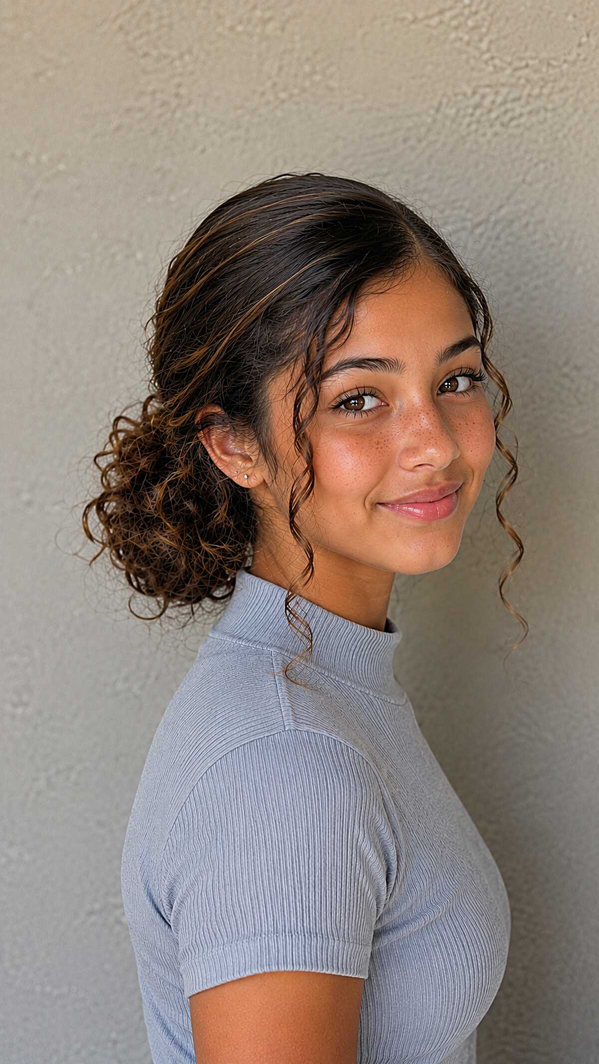 Gathered Low Curly Bun with Face-Framing Pieces That Were Definitely Not an Accident