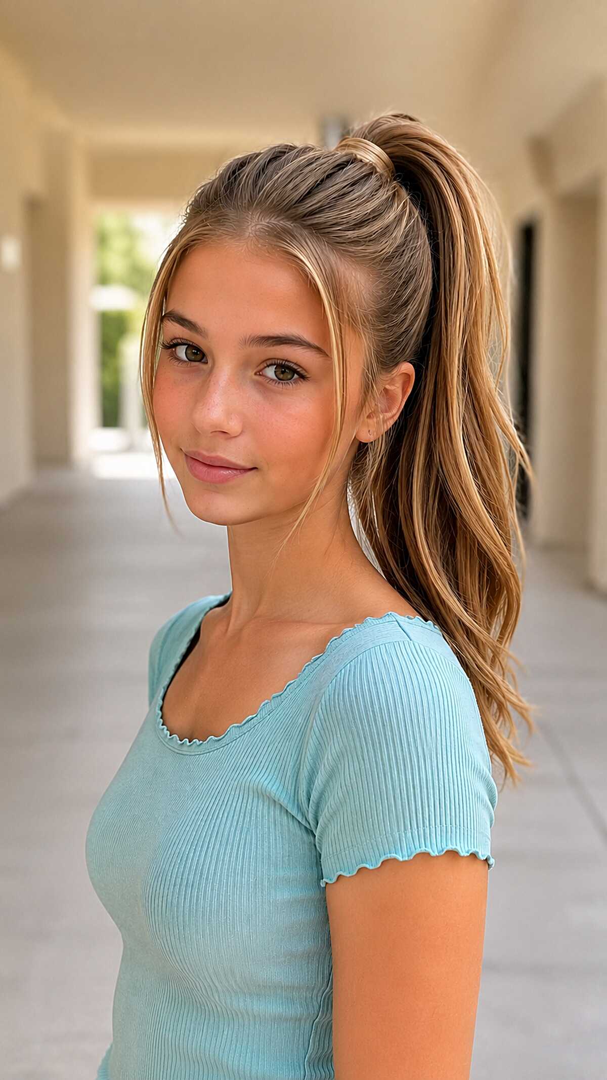 Hair-Wrapped High Ponytail with a Single Curtain Piece on Bronde Straight Hair