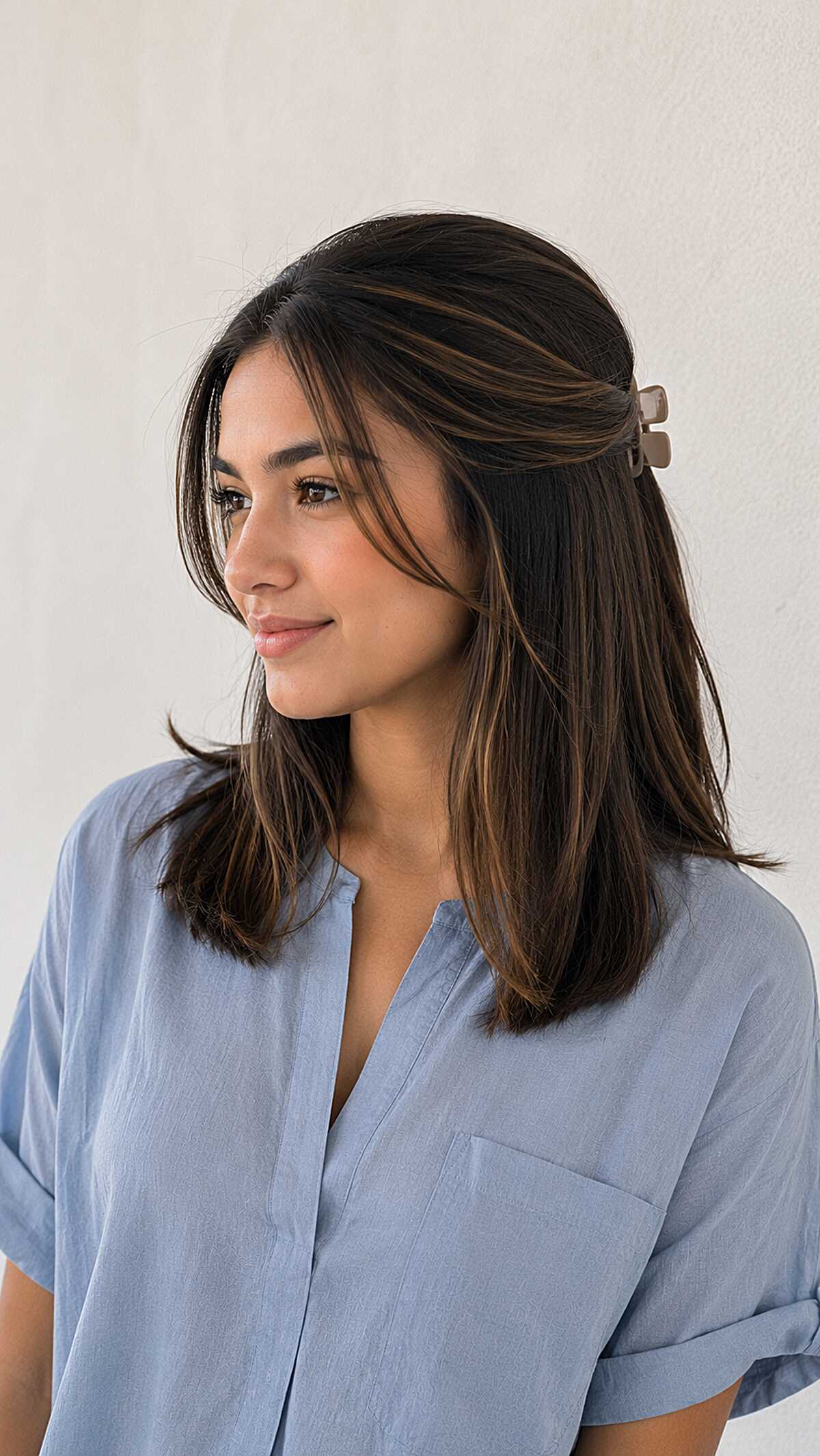 Half-Back Mini Clip on a Collarbone Lob With Caramel Ribbons