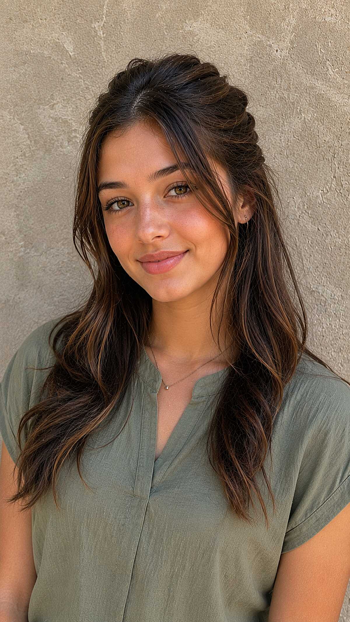 Half-Back Twist on Long Dark Hair That Handles Second-Day Texture Well