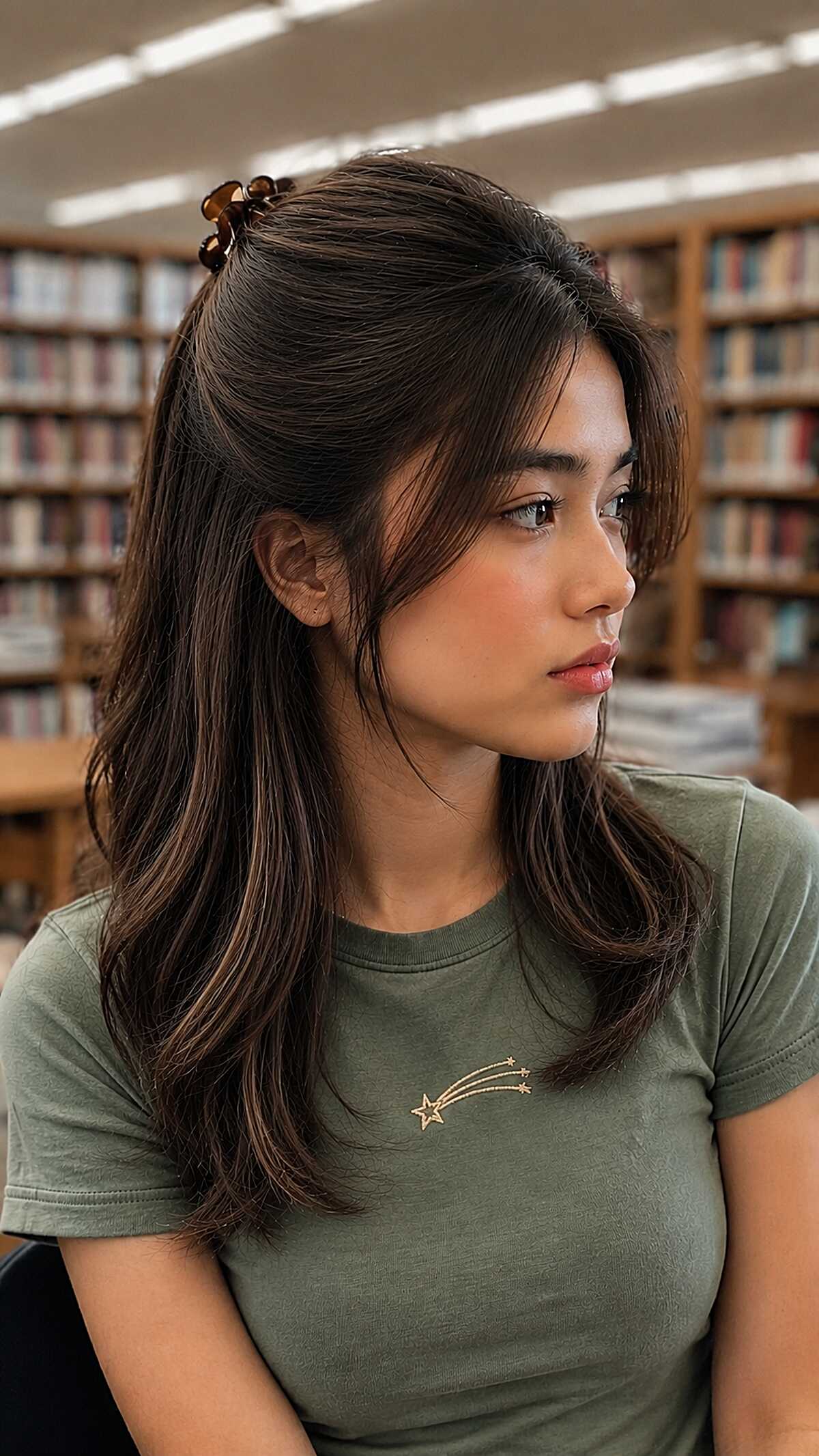 Half-Up Claw Clip with Face-Framing Layers on Dark Hair