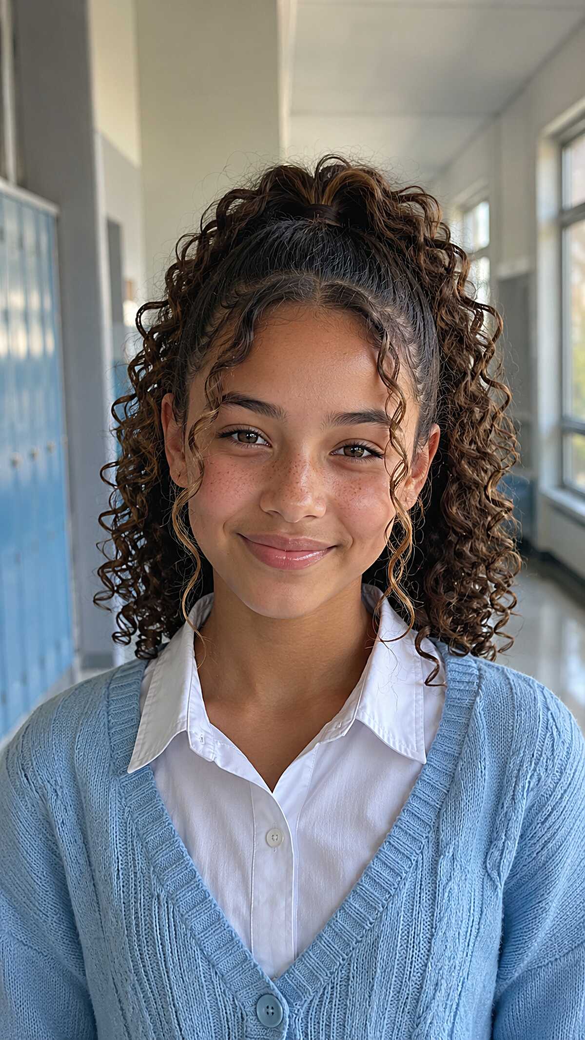 Half-Up Curly Puff with Loose Spirals That Handle Humidity Better Than You'd Expect