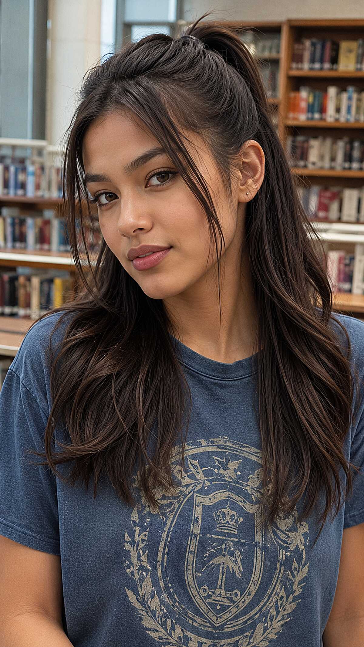 Half-Up Ponytail with Wispy Curtain Layers on Long Dark Hair
