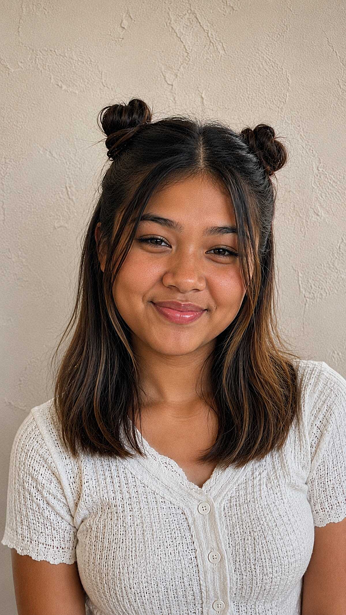 Half-Up Space Buns on a Shoulder-Length Cut That Hides the Part You Didn't Brush
