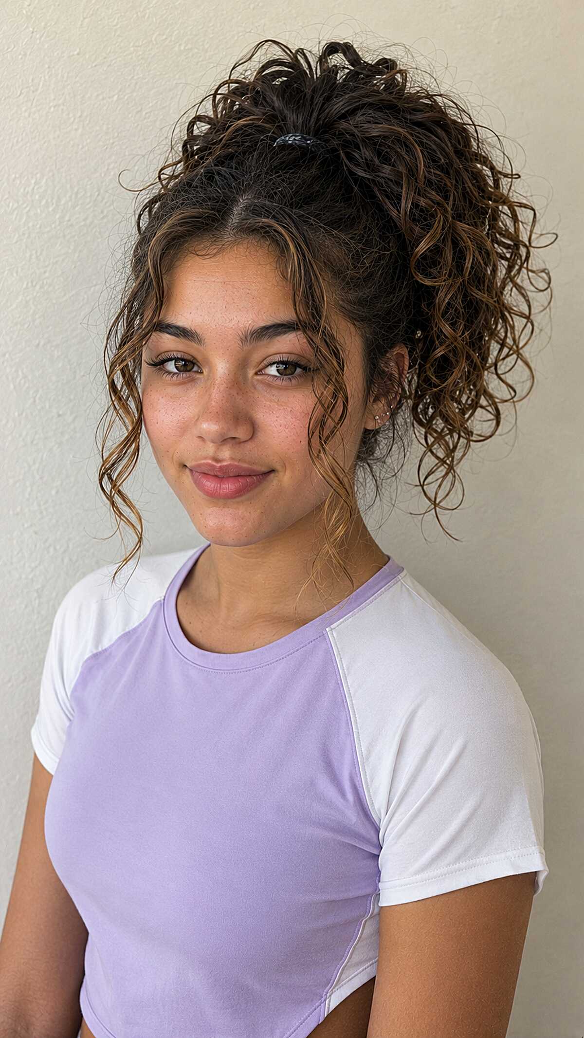 High Curly Pineapple Pony with Face-Framing Tendrils