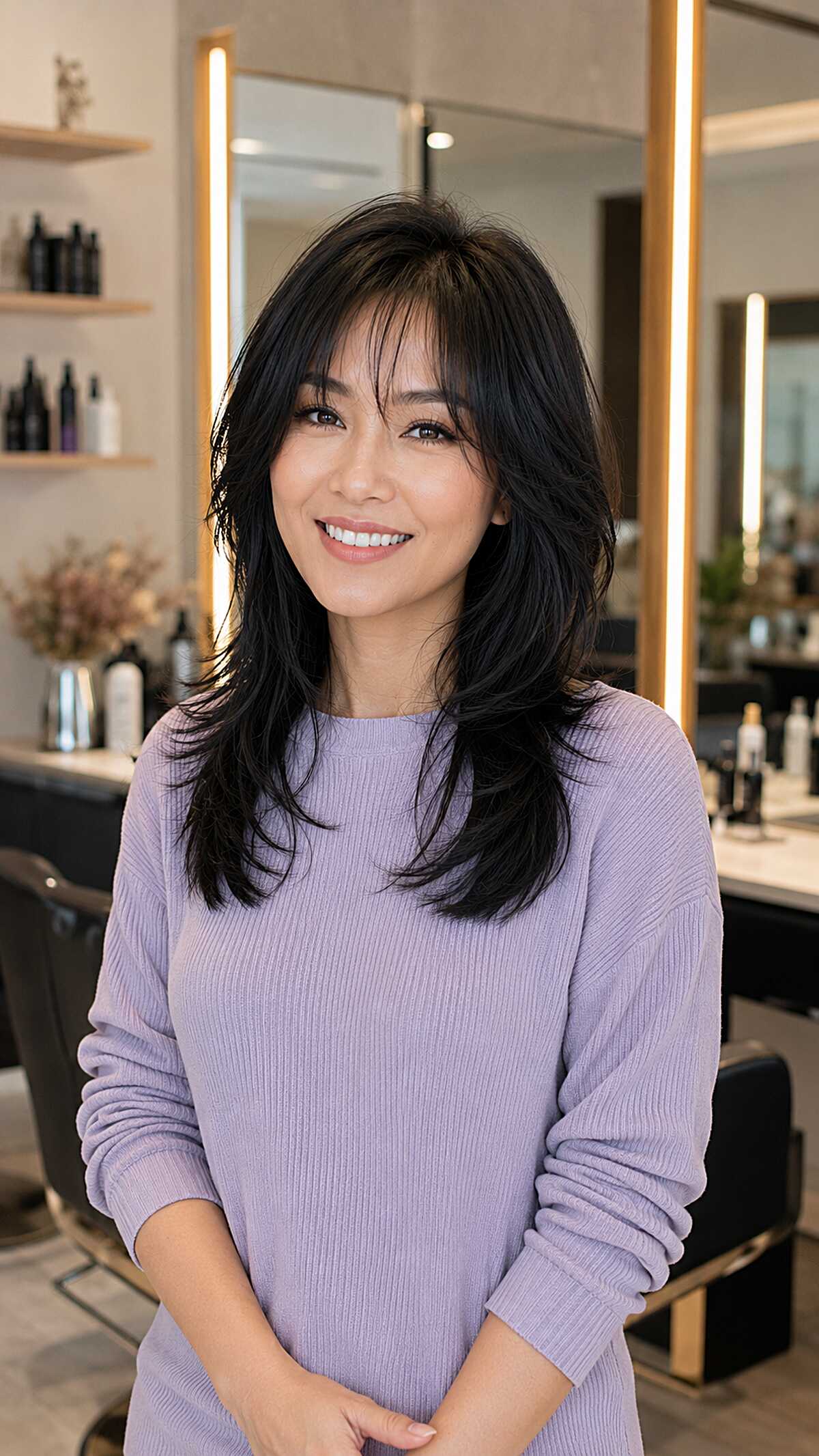 Jet Black Mid-Length Shag with Face-Framing Kickouts