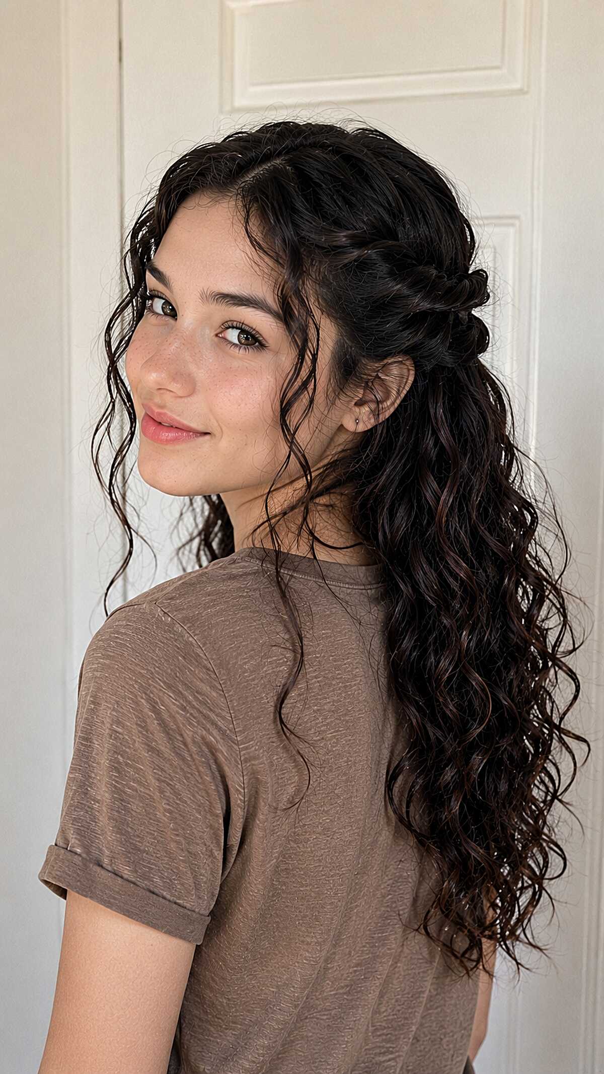 Loose Braided Crown Half-Up on Long Curls That Still Look Lived-In by Last Period